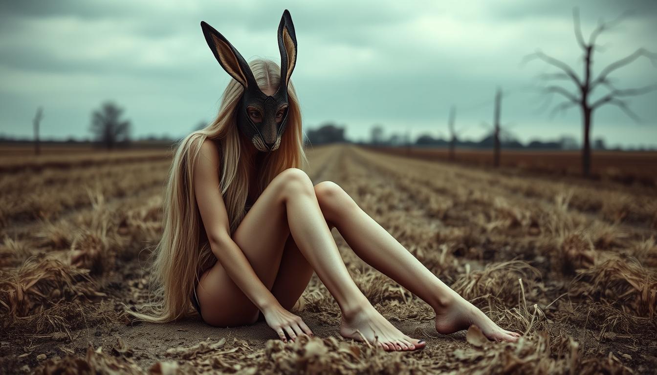 photo of blonde skinny slender Aleksandra20, with long hair and long legs. Haute couture, avantgarde high fashion.

Surrealist vintage photo of a stunningly beautiful skinny sad woman with long tangled blonde hair, large massive breast implants and  long slender legs. desolate rural setting, vintage-styled. stained body. overcast lighting. shot with a shallow depth of field to emphasize the haunting mood. the woman is barefoot, with her feet soiled with mud and dirt. She is wearing an eerie looking brown rabbit mask made out of leather.

