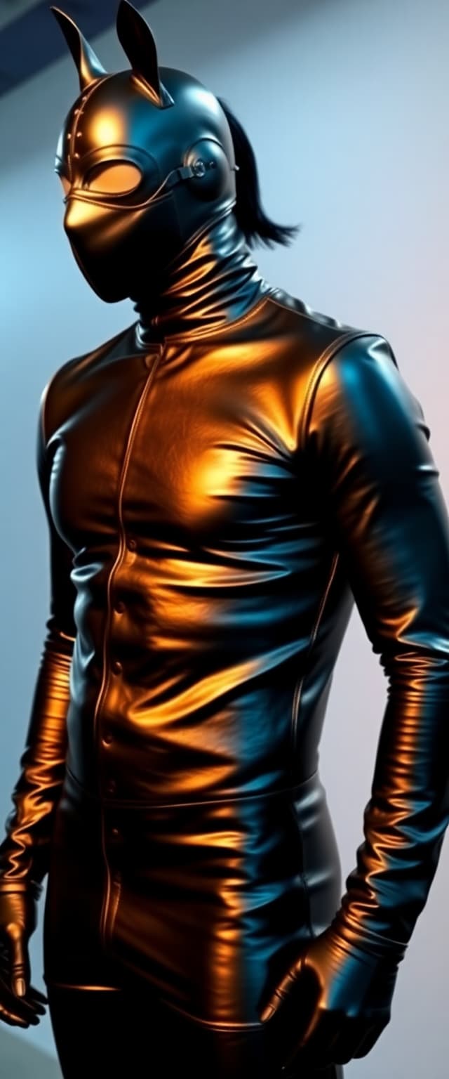Tall, slim man in a faceless shiny leather skintight gimp suit, wearing a shiny black leather mask, wearing bdsm pony tackle