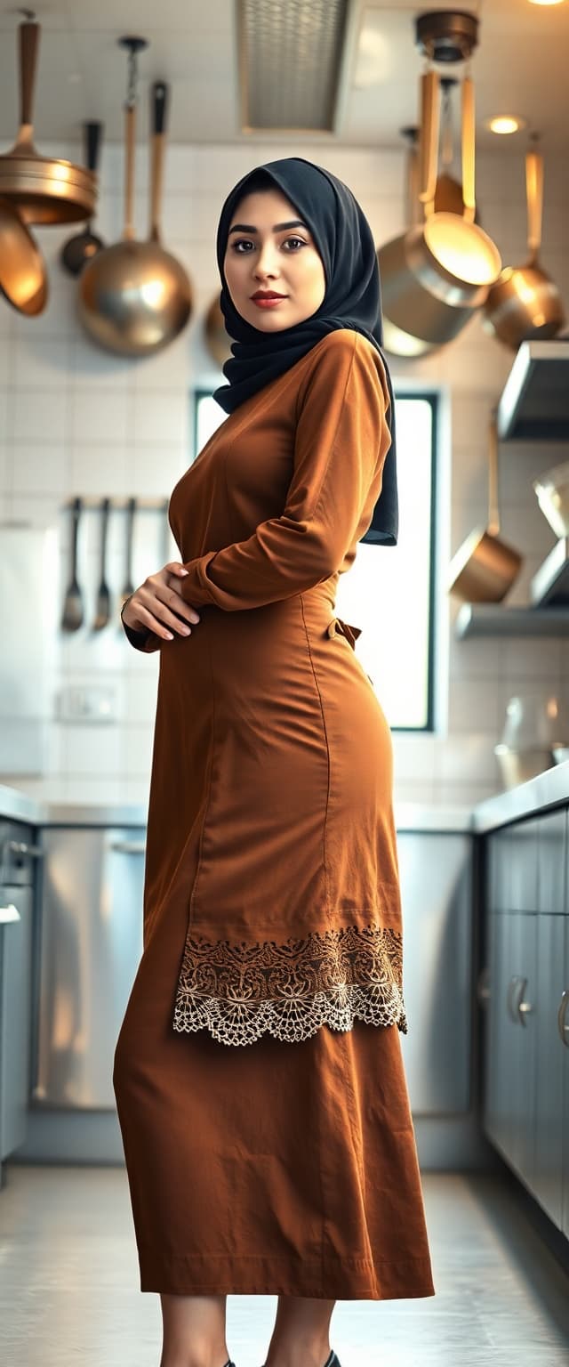 A portrait of a 20-year-old buxom Persian woman, standing confidently in a modern, sleek restaurant kitchen. She wears a well-tailored, knee-length brown dress that modestlyshows off her trim figure, the fabric rich and smooth with a subtle sheen under the kitchen's bright, industrial lighting. Her black hijab is neatly wrapped, covering her hair completely and framing her face with elegance. Over her dress, a delicate kitchen apron with intricate lace edges adds a touch of femininity, tied neatly at her waist. The kitchen around her is pristine, with stainless steel countertops, hanging pots and pans, and soft ambient light streaming through a nearby window, casting gentle reflections on the polished surfaces. The composition focuses on her as the central figure, captured from a slightly low angle to emphasize her poise and determination, with the kitchen equipment subtly blurred in the background to maintain focus on her. The mood is warm and inviting, evoking a sense of passion for culinary art, with a late afternoon glow adding a golden hue to the scene. Rendered in a hyper-realistic style, with attention to fine details like the texture of the lace, the folds of the fabric, and the reflective surfaces of the kitchen, inspired by contemporary portrait photography with a cinematic depth of field.
