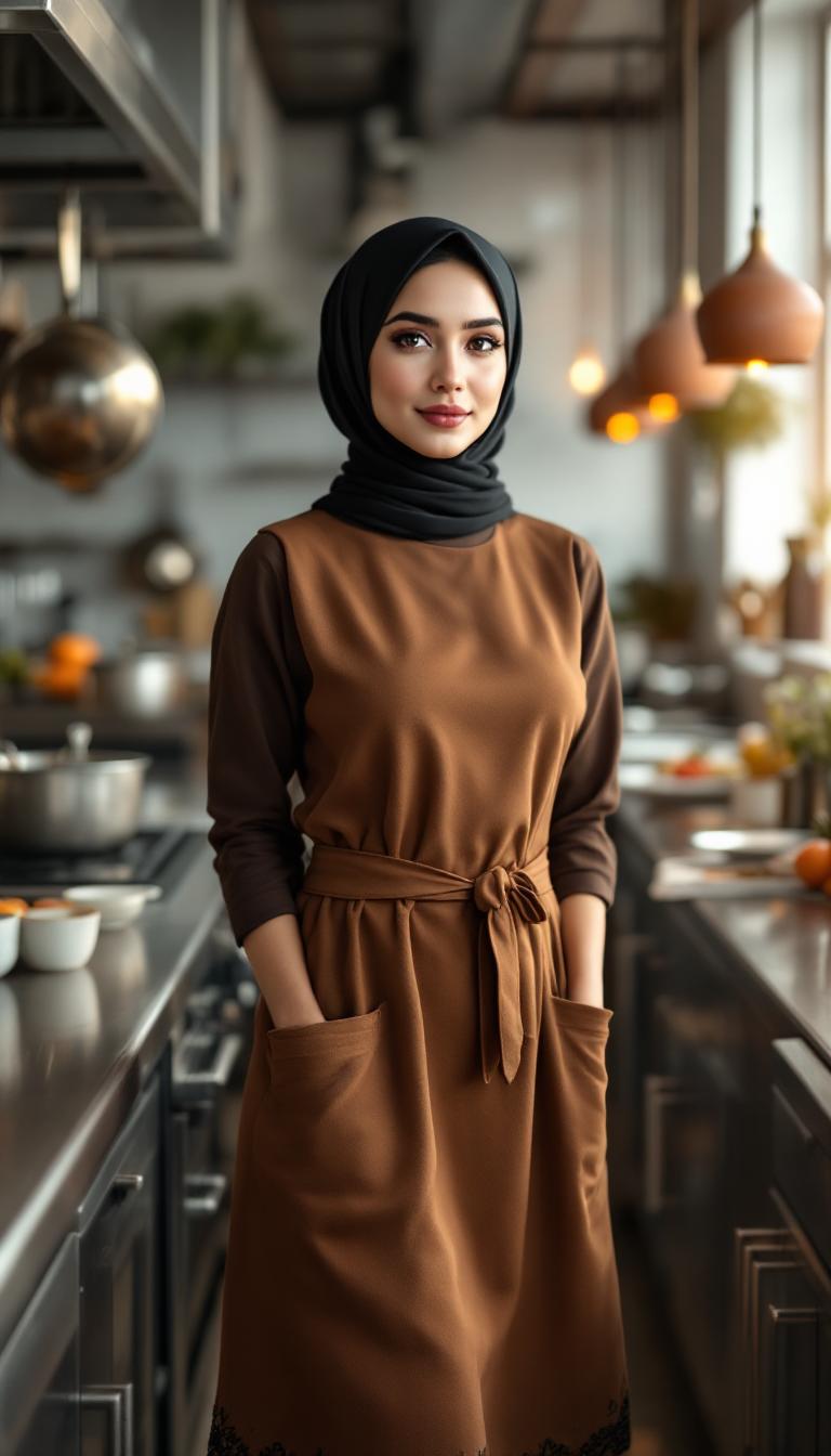 A portrait of a 20-year-old buxom Persian woman, standing confidently in a modern, sleek restaurant kitchen. She wears a well-tailored, knee-length brown dress that modestlyshows off her trim figure, the fabric rich and smooth with a subtle sheen under the kitchen's bright, industrial lighting. Her black hijab is neatly wrapped, covering her hair completely and framing her face with elegance. Over her dress, a delicate kitchen apron with intricate lace edges adds a touch of femininity, tied neatly at her waist. The kitchen around her is pristine, with stainless steel countertops, hanging pots and pans, and soft ambient light streaming through a nearby window, casting gentle reflections on the polished surfaces. The composition focuses on her as the central figure, captured from a slightly low angle to emphasize her poise and determination, with the kitchen equipment subtly blurred in the background to maintain focus on her. The mood is warm and inviting, evoking a sense of passion for culinary art, with a late afternoon glow adding a golden hue to the scene. Rendered in a hyper-realistic style, with attention to fine details like the texture of the lace, the folds of the fabric, and the reflective surfaces of the kitchen, inspired by contemporary portrait photography with a cinematic depth of field.