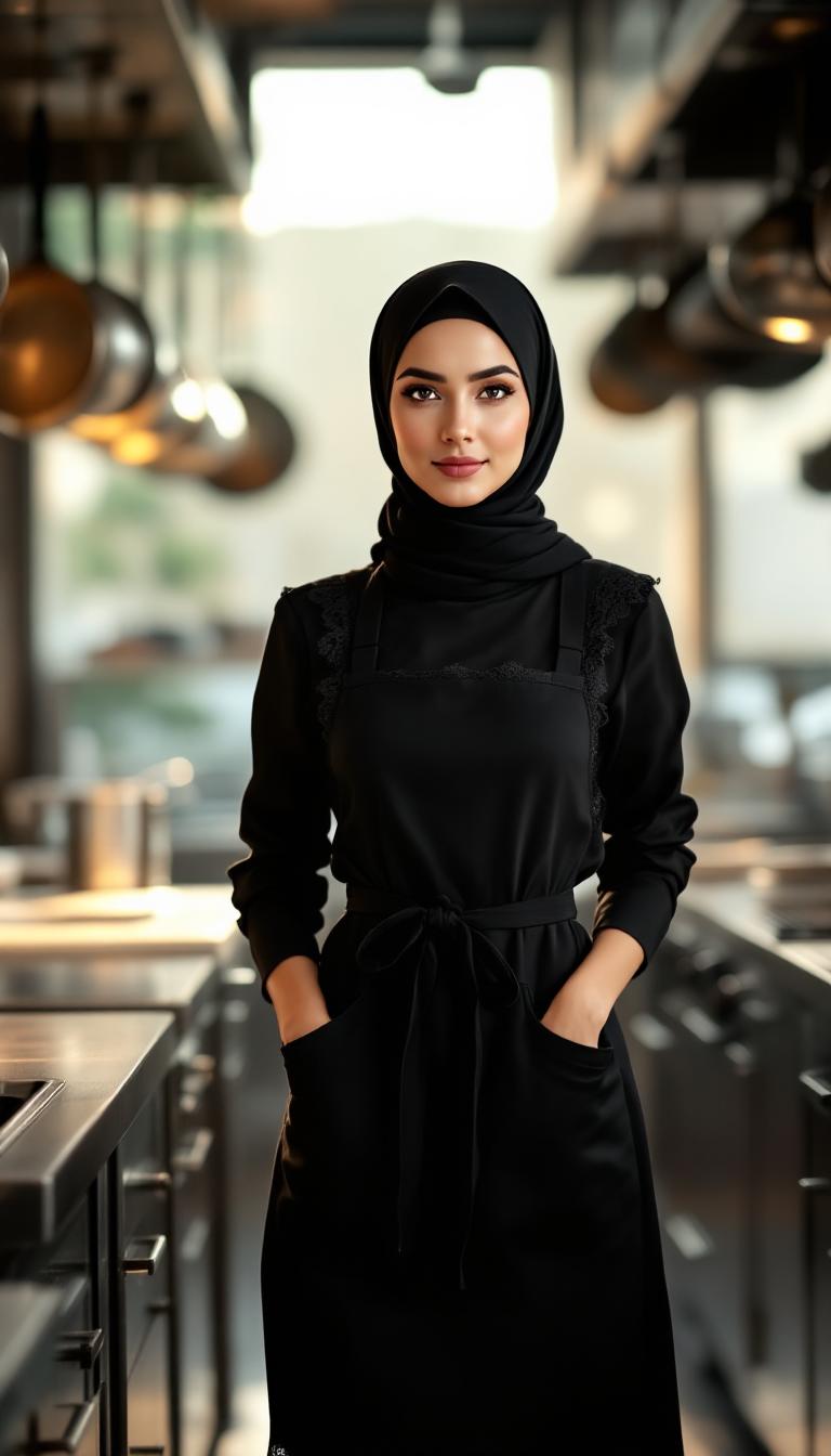 A portrait of a 20-year-old buxom Persian woman, standing confidently in a modern, sleek restaurant kitchen. She wears a well-tailored, knee-length black maid's dress that modestly shows off her trim figure, the fabric rich and smooth with a subtle sheen under the kitchen's bright, industrial lighting. Her black hijab is neatly wrapped, covering her hair completely and framing her face with elegance. Over her dress, a delicate kitchen apron with intricate lace edges adds a touch of femininity, tied neatly at her waist. The kitchen around her is pristine, with stainless steel countertops, hanging pots and pans, and soft ambient light streaming through a nearby window, casting gentle reflections on the polished surfaces. The composition focuses on her as the central figure, captured from a slightly low angle to emphasize her poise and determination, with the kitchen equipment subtly blurred in the background to maintain focus on her. The mood is warm and inviting, evoking a sense of passion for culinary art, with a late afternoon glow adding a golden hue to the scene. Rendered in a hyper-realistic style, with attention to fine details like the texture of the lace, the folds of the fabric, and the reflective surfaces of the kitchen, inspired by contemporary portrait photography with a cinematic depth of field.