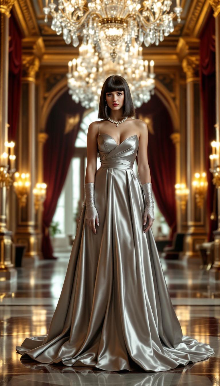 A stunning Rubenesque 21-year-old brunette with a voluptuous figure, her straight, sleek hair cut into a long bob with blunt bangs, framing her face and brushing her shoulders. She is adorned in a luxurious, shiny silver satin ballgown that cascades to the floor, reflecting light with every subtle movement, paired with matching shiny silver satin opera gloves that extend past her elbows. Her elegance is accentuated by a delicate pearl necklace resting gracefully on her collarbone and matching pearl drop earrings that catch the light. She stands confidently in 4-inch high heels, her posture regal and poised. The setting is an opulent Victorian hotel ballroom, richly decorated with intricate gold leaf detailing on the walls, massive crystal chandeliers casting a warm, golden glow, and polished marble floors reflecting the grandeur. The composition focuses on her as the central figure, captured from a slightly low angle to emphasize her commanding presence, framed by the ornate arches and deep burgundy drapes of the ballroom. The mood is one of timeless sophistication and luxury, with soft, ambient lighting enhancing the romantic and elegant atmosphere of a grand evening event. Rendered in the style of a classic Baroque portrait, reminiscent of Peter Paul Rubens, with a focus on rich textures, dramatic contrasts of light and shadow, and a painterly attention to detail in the fabrics and jewelry.