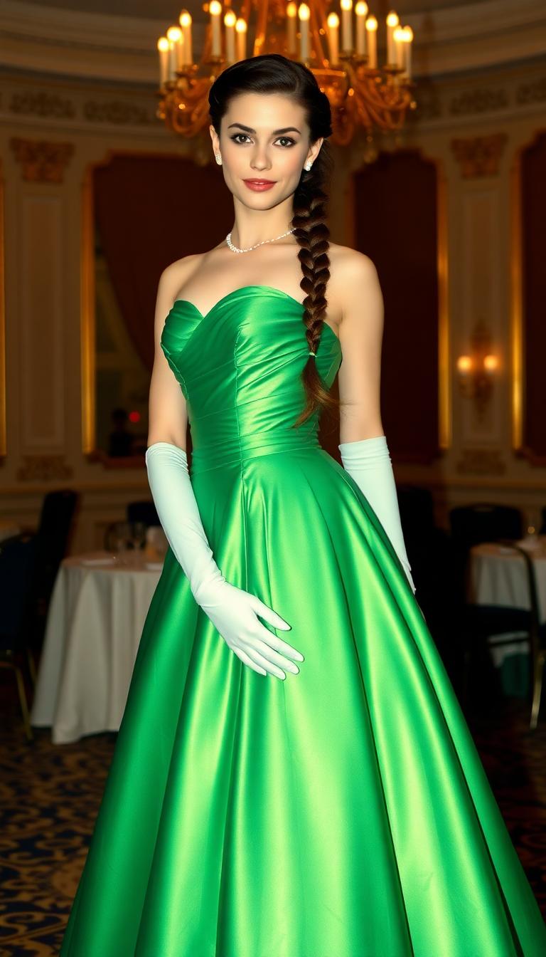Tall 21 year old brunette, her hair braided in a long plait down her back. Tiny pearls adorn her neck and ears. Dressed in a shiny emerald green ballgown with elbow length gloves. Standing in an elegant victorian hotel ballroom