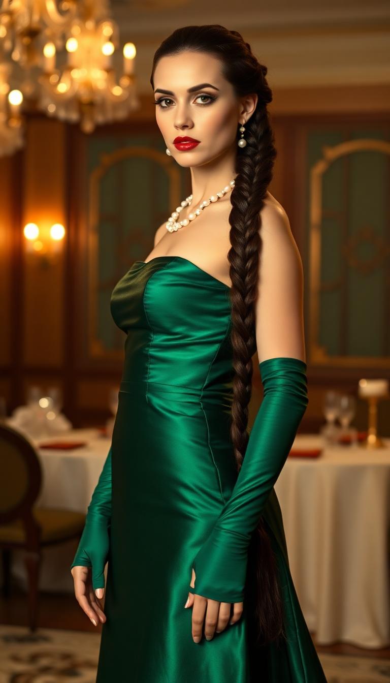 Tall 21 year old brunette, her hair braided in a long plait down her back. Her blood red lips are set in a stern look. Tiny pearls adorn her neck and ears. Dressed in a shiny emerald green ballgown with shiny emerald satin elbow length gloves. Standing in an elegant victorian hotel ballroom