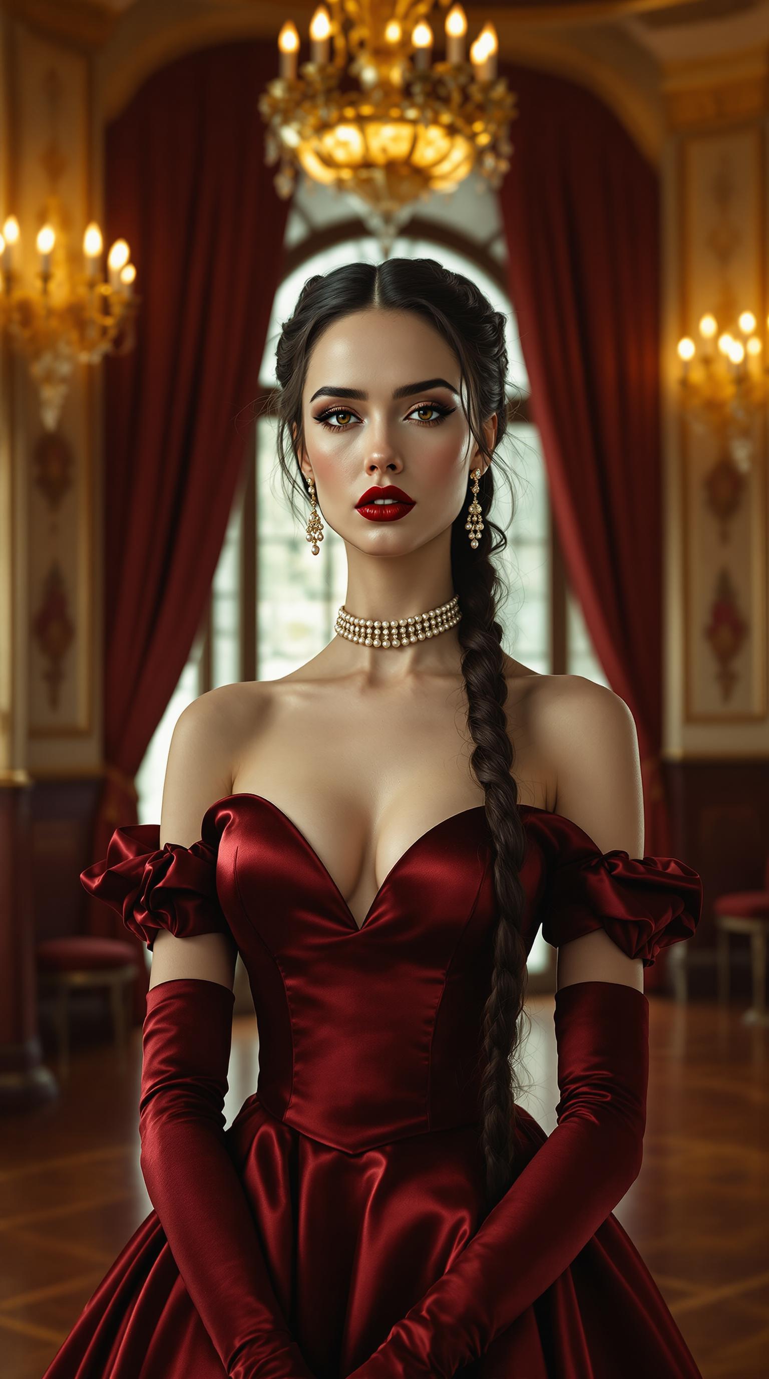 A striking portrait of a tall, 21-year-old brunette woman with her long, dark hair intricately braided into a single plait cascading down her back. Her blood-red lips are pressed into a stern, commanding expression, exuding intensity and poise. Delicate, tiny pearls adorn her neck in a classic choker and dangle elegantly from her ears, catching the light with subtle iridescence. She is dressed in a luxurious, shiny burgundy ballgown, the fabric shimmering with a rich, velvety texture, paired with matching burgundy satin elbow-length gloves that gleam under the ambient glow. The scene is set in an opulent Victorian hotel ballroom, featuring ornate golden chandeliers casting warm, soft light, intricate floral wallpaper, and polished mahogany floors reflecting the grandeur. She stands confidently in the center of the composition, framed by towering arched windows draped with heavy velvet curtains in deep burgundy. The camera angle is slightly low, looking up to emphasize her commanding presence and the dramatic height of the room. The mood is elegant and regal, with a timeless, late 19th-century atmosphere, evoking the sophistication of a historical oil painting in the style of John Singer Sargent, with meticulous attention to detail in the textures of the gown and the interplay of light and shadow.