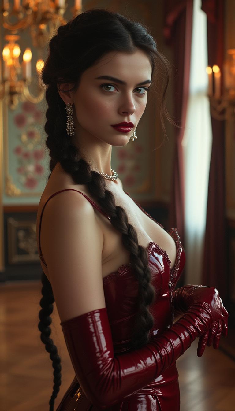 A captivating portrait of a tall, 21-year-old brunette woman, her long, dark hair woven into a single intricate braid that cascades gracefully down her back, each strand catching the light with a subtle sheen. Her blood-red lips are set in a stern, commanding expression, radiating intensity and poised authority, while her piercing gaze draws the viewer in. Delicate, tiny pearls adorn her neck in a classic choker and dangle elegantly from her ears, their iridescent glow softly reflecting the ambient light. She wears a luxurious, shiny burgundy latex ballgown, the fabric shimmering with a rich, shiny texture that ripples with every subtle movement, paired with matching burgundy latex elbow-length gloves that gleam with a polished luster. The scene unfolds in an opulent Victorian hotel ballroom, an extravagant setting of timeless grandeur, with ornate golden chandeliers casting a warm, golden glow across the space, intricate floral wallpaper in muted tones of cream and burgundy, and polished mahogany floors mirroring the opulence above. Towering arched windows, draped with heavy velvet curtains in deep burgundy, frame the composition, their rich folds adding depth and drama to the background. She stands confidently at the center of the frame, her posture regal and unyielding, captured from a slightly low camera angle that looks up to accentuate her commanding presence and the soaring height of the ballroom’s architecture. The mood is elegant and regal, steeped in a late 19th-century atmosphere, with the soft interplay of light and shadow creating a dramatic yet intimate ambiance, reminiscent of a historical oil painting in the style of John Singer Sargent. Every detail, from the intricate textures of the gown and gloves to the subtle reflections on the pearls and polished floors, is rendered with meticulous precision, emphasizing depth, realism, and sophistication, as if frozen in a moment of timeless aristocracy.