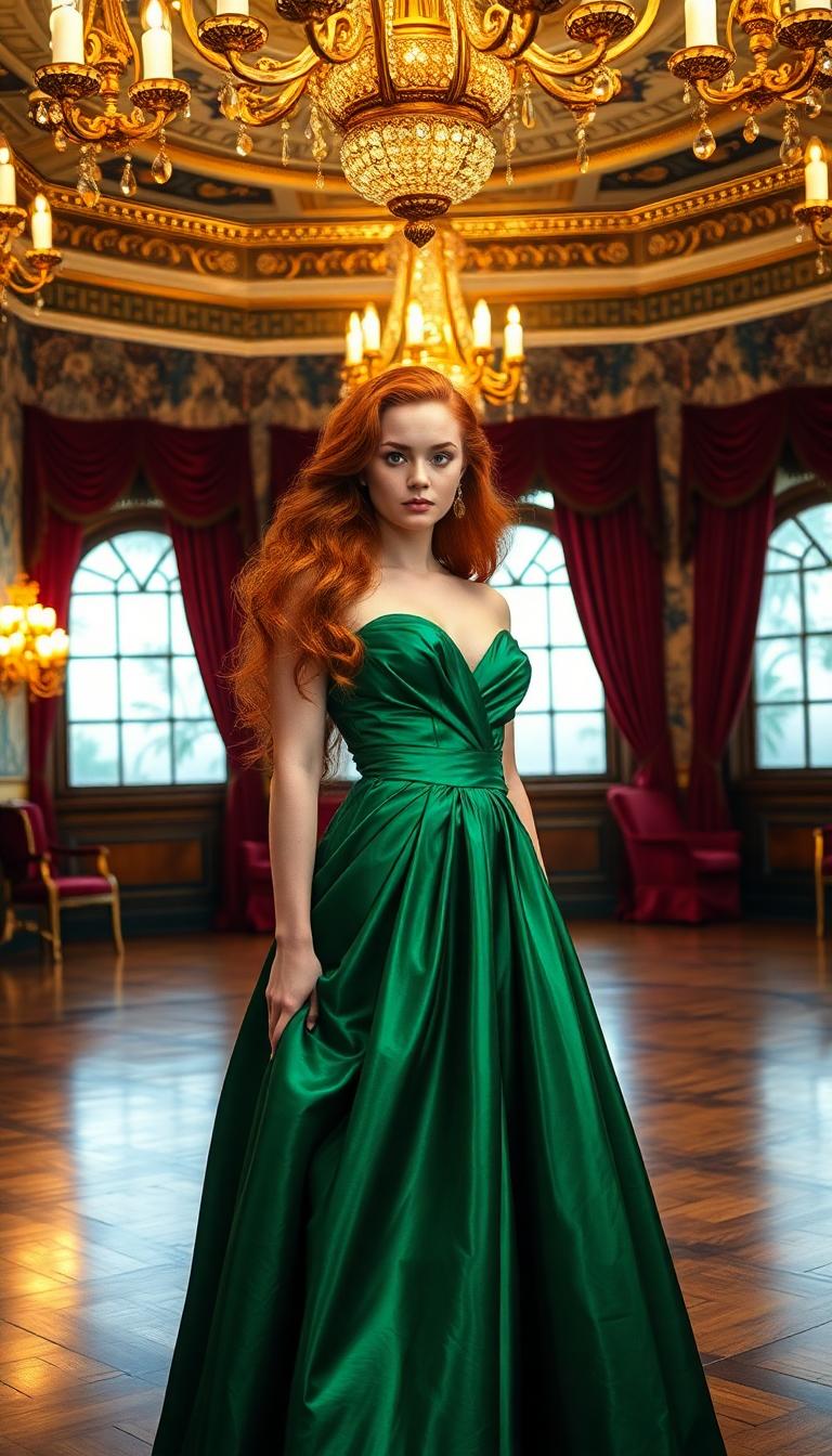 A stunning 19-year-old woman with vibrant Irish red hair, thick and luxurious, cascading in soft, voluminous waves over her shoulders, adorned with delicate freckles across her fair, porcelain skin. Her piercing bright green eyes sparkle with warmth and curiosity. She wears an opulent ball gown made of shiny emerald silk, the fabric catching the light with a glossy sheen, draping elegantly with intricate folds and a subtle shimmer. She stands gracefully in the center of a grand Victorian hotel ballroom, surrounded by ornate golden chandeliers casting a warm, ambient glow, and intricate floral wallpaper adorning the walls. The ballroom features polished mahogany floors reflecting the light, tall arched windows draped with heavy velvet curtains in deep crimson, and gilded detailing on the ceiling. The composition focuses on her as the central figure, captured from a slightly low angle to emphasize her regal presence, with the grandeur of the ballroom framing her in a balanced, symmetrical layout. The mood is elegant and timeless, evoking a sense of romance and sophistication, set during the evening with soft, golden lighting and a serene, dreamy atmosphere. Rendered in the style of a 19th-century Romantic oil painting, with rich textures, fine attention to detail in the fabric and hair, and a painterly depth of field.