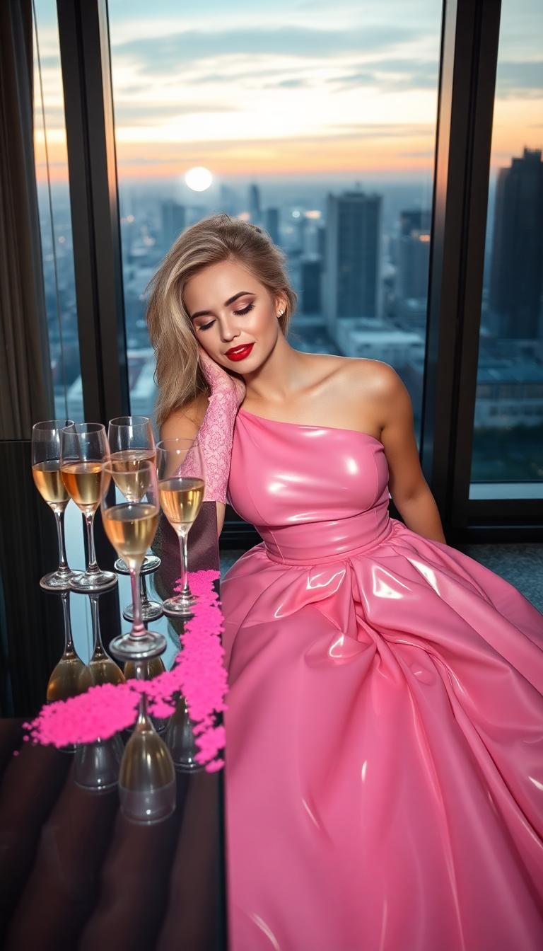 A captivating 21-year-old blonde woman wearing a shiny pink latex ballgown, the material reflecting light with a glossy, almost liquid-like texture. She is positioned on her knees beside a sleek glass-top table in an elegant, modern penthouse suite with floor-to-ceiling windows revealing a city skyline at dusk. Her cheek rests gently on the cool glass surface, next to a long, slim, straight line of vibrant pink powder, adding a mysterious and provocative element to the scene. Her eyes are closed, a serene and contented expression on her face, while her slightly mussed-up blonde hair cascades messily yet beautifully over her shoulders. She wears pristine pink lace gloves, delicate and intricate, contrasting with the boldness of her gown, her hands resting lightly near the table edge. Her lips are painted a striking blood red, slightly smeared, and her makeup shows subtle signs of wear, adding a raw, lived-in quality to her look. On the table, several champagne flutes are scattered, filled to varying levels with golden bubbly liquid, alongside an open bottle of champagne, its label visible and condensation glistening on the glass. The composition focuses on the woman as the central subject, captured from a low angle to emphasize her vulnerability and the reflective surface of the table, with the luxurious penthouse interior in soft focus behind her—plush white carpets, minimalist furniture, and warm ambient lighting casting a golden glow. The mood is intimate and decadent, with a late-night atmosphere, a sense of quiet indulgence, and a hint of melancholy. The style is reminiscent of high-fashion editorial photography, with dramatic contrasts, hyper-realistic details, and a cinematic quality, rendered in ultra-high definition with attention to the interplay of light on latex, glass, and skin.