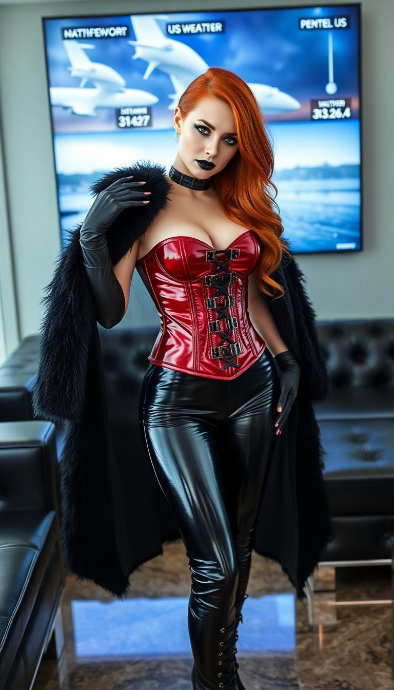 21 year old redhead. She wears a look of wickedness and cruelty on her shiny black painted lips.  Heavy goth makeup on her porcelain pale features, her arms are clad in shiny black latex gloves, she's clad in skintight shiny black latex pants.  Her torso is tightly bound in a shiny crimson latex corset that accentuates her statuesque figure. Over the corset she wears a thick black fur coat, that drags on the floor. Her thigh high boots are shiny black latex decorated with straps and buckles along a ladder pattern up the front. Modern elegant penthouse lounge. With black leather and shiny steel furniture, a large flat screen on the wall behind her showing the weather report for the US eastern seaboard