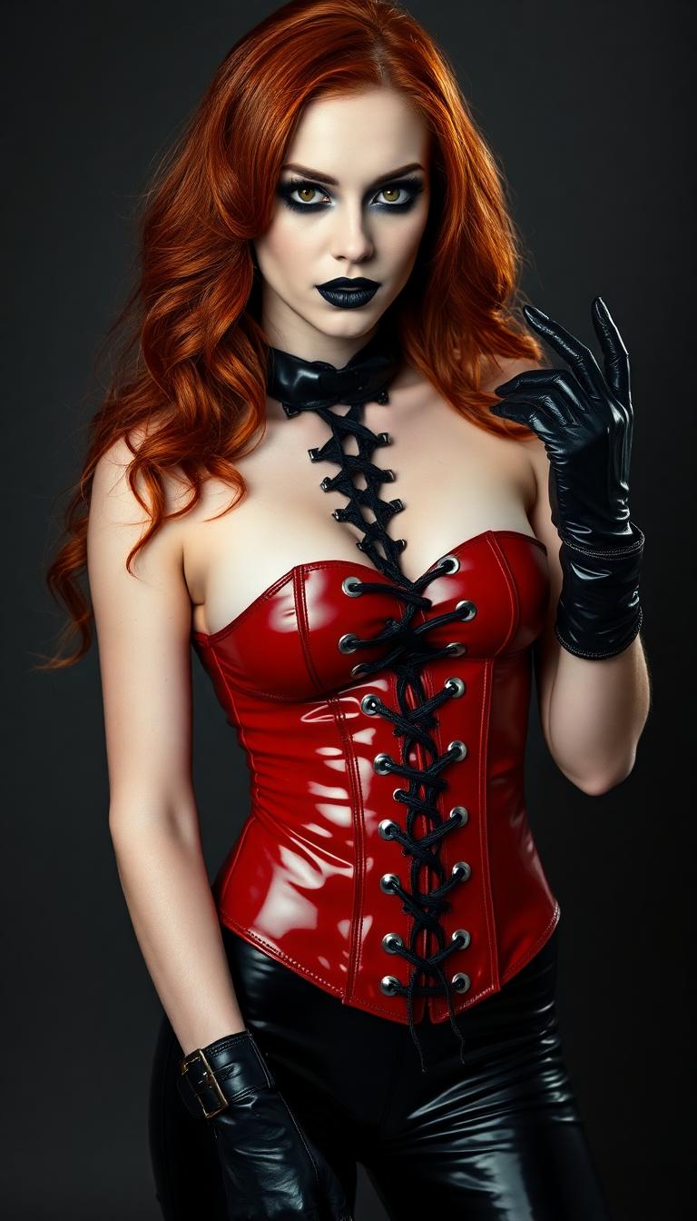 A striking 21-year-old redhead with a menacing aura, her fiery hair cascading in loose, voluminous waves over her shoulders, framing her porcelain-pale face. Her expression drips with wickedness and cruelty, emphasized by shiny black lipstick on her full lips, curling into a sinister smirk. Her heavy goth makeup features dramatic, smoky black eyeshadow and sharp, winged eyeliner that accentuates her piercing gaze, contrasted against her ghostly complexion. She is dressed in a provocative, high-fashion ensemble: her arms are encased in long, shiny black latex gloves that gleam under the light, reflecting a polished, almost liquid texture. Her legs are clad in skintight, shiny black latex pants that hug every curve, paired with thigh-high black latex boots adorned with intricate straps and buckles forming a ladder pattern up the front, adding an edgy, rebellious detail. Her torso is bound in a striking crimson latex corset, tightly laced to accentuate her statuesque, hourglass figure, the glossy red material catching the light with every movement. Over this, she wears a luxurious, thick black fur coat that drapes dramatically to the floor, trailing behind her with an air of opulence and danger. The scene is set in a modern, elegant penthouse lounge, exuding sleek sophistication with black leather and shiny steel furniture, the polished surfaces reflecting soft, ambient lighting. Behind her, a large flat-screen TV mounted on the wall displays a weather report for the US Eastern Seaboard, glowing with muted blues and greens. The composition focuses on her commanding presence, positioned slightly off-center, standing confidently with one hand on her hip, the fur coat partially open to reveal the corset beneath. The camera angle is low, looking up at her to emphasize her dominance and towering allure. The mood is dark and seductive, with a late-night atmosphere, the penthouse illuminated by warm, dim golden lights and cool neon accents from the cityscape visible through expansive floor-to-ceiling windows. The overall style is a blend of high-fashion editorial photography and cinematic noir, with hyper-realistic textures and sharp, high-contrast details, capturing every sheen of latex and fur in stunning clarity, rendered in a 4K ultra-detailed digital art style.