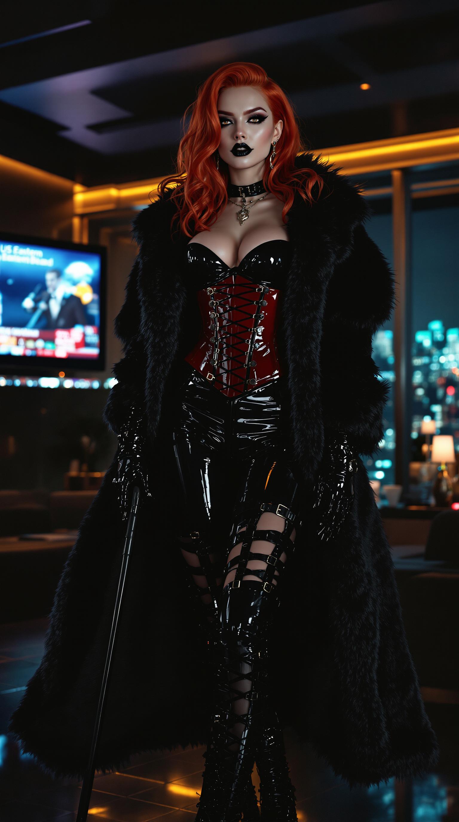 A striking 21-year-old redhead with a menacing aura, her fiery hair cascading in loose, voluminous waves over her shoulders, framing her porcelain-pale face. Her expression drips with wickedness and cruelty, emphasized by shiny black lipstick on her full lips, curling into a sinister smirk. Her heavy goth makeup features dramatic, smoky black eyeshadow and sharp, winged eyeliner that accentuates her piercing gaze, contrasted against her ghostly complexion. She is dressed in a provocative, high-fashion ensemble: her arms are encased in long, shiny black latex gloves that gleam under the light, reflecting a polished, almost liquid texture. Her legs are clad in skintight, shiny black latex pants that hug every curve, paired with thigh-high black latex boots adorned with intricate straps and buckles forming a ladder pattern up the front, adding an edgy, rebellious detail. Her torso is bound in a striking crimson latex corset, tightly laced to accentuate her statuesque, hourglass figure, the glossy red material catching the light with every movement. Over this, she wears a luxurious, thick black fur coat that drapes dramatically to the floor, trailing behind her with an air of opulence and danger. In one hand she holds a slim  riding crop.  The scene is set in a modern, elegant penthouse lounge, exuding sleek sophistication with black leather and shiny steel furniture, the polished surfaces reflecting soft, ambient lighting. Behind her, a large flat-screen TV mounted on the wall displays a weather report for the US Eastern Seaboard, glowing with muted blues and greens. The composition focuses on her commanding presence, positioned slightly off-center, standing confidently with one hand on her hip, the fur coat partially open to reveal the corset beneath. The camera angle is low, looking up at her to emphasize her dominance and towering allure. The mood is dark and seductive, with a late-night atmosphere, the penthouse illuminated by warm, dim golden lights and cool neon accents from the cityscape visible through expansive floor-to-ceiling windows. The overall style is a blend of high-fashion editorial photography and cinematic noir, with hyper-realistic textures and sharp, high-contrast details, capturing every sheen of latex and fur in stunning clarity, rendered in a 4K ultra-detailed digital art style.