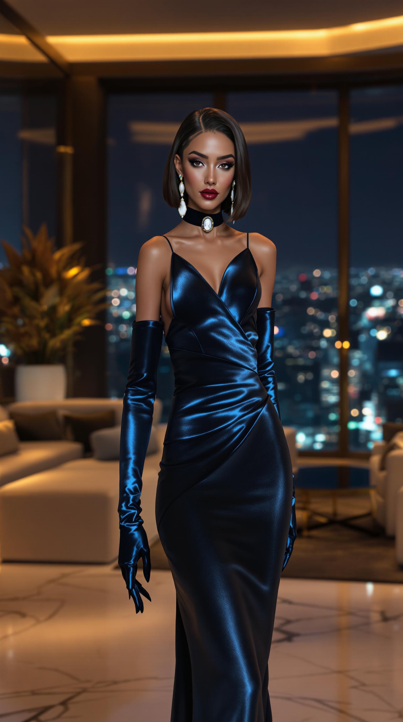 A stunning 21-year-old woman with a striking shoulder-length brunette bob haircut, featuring a bold undershave on the sides and back, adding an edgy flair. She wears a slim velvet choker adorned with a delicate ivory cameo at the center, paired with elegant sapphire drop earrings that catch the light. Her attire is a luxurious dark metallic blue satin evening gown, shimmering with a glossy finish, perfectly complemented by matching metallic blue elbow-length gloves that accentuate her sophisticated style. Her skin glows with a healthy tan, and her lips are painted a deep, rich burgundy, exuding confidence and allure. She stands confidently in an opulent modern penthouse lounge, surrounded by sleek, high-end furniture, floor-to-ceiling glass windows revealing a breathtaking city skyline at night, and warm ambient lighting casting soft golden hues across polished marble floors. The composition focuses on her as the central figure, captured from a slight low angle to emphasize her commanding presence, framed against the luxurious backdrop. The mood is elegant and glamorous, with a nighttime atmosphere filled with subtle reflections and a sense of exclusivity. Rendered in a hyper-realistic digital art style, with meticulous attention to the textures of satin, velvet, and metallic sheen, and a cinematic depth of field to highlight her features against the softly blurred background.