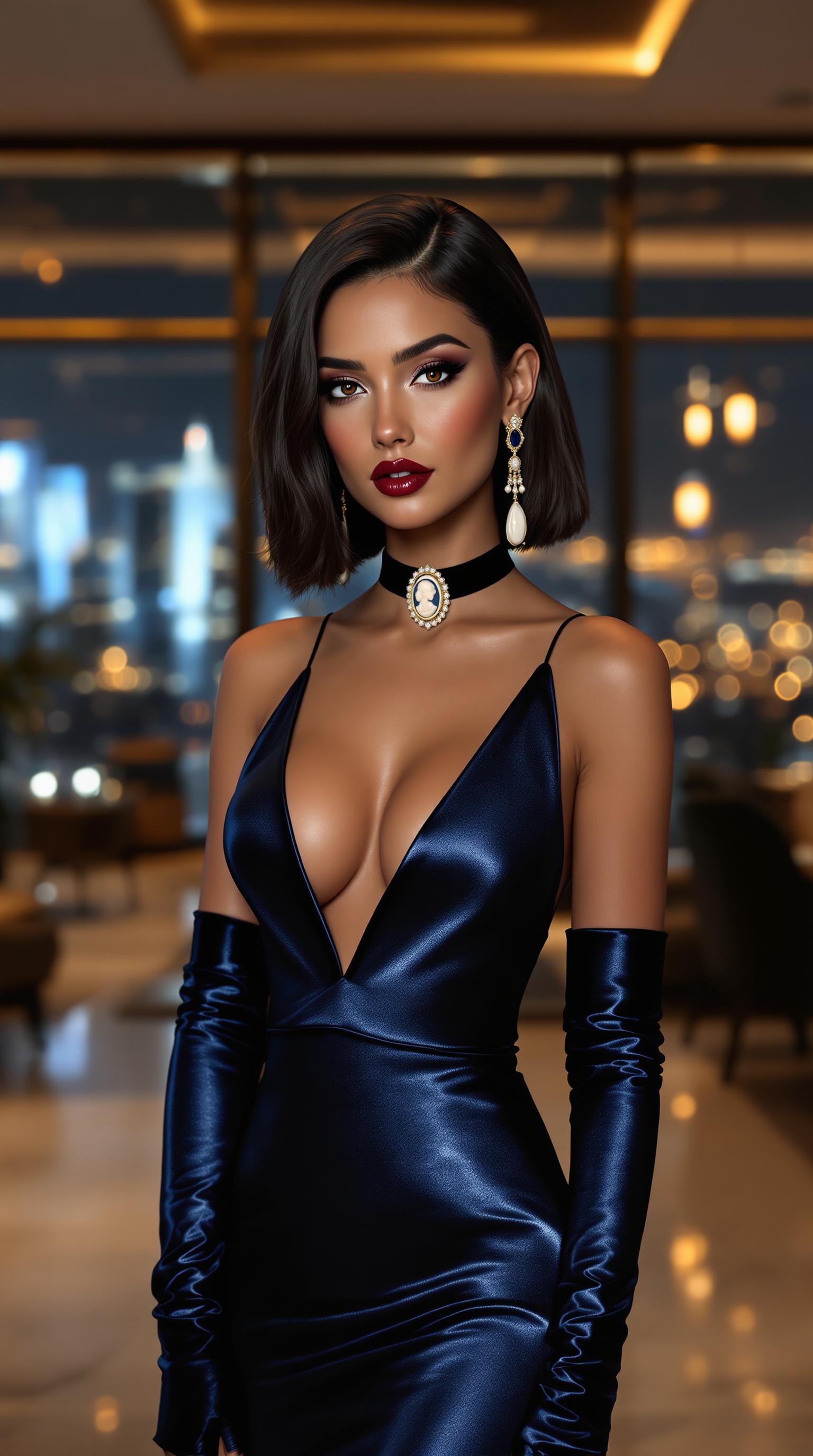 A stunning athletic built,  21-year-old woman with a striking shoulder-length brunette bob haircut, featuring a bold undershave on the sides and back, adding an edgy flair. She wears a slim velvet choker adorned with a delicate ivory cameo at the center, paired with elegant sapphire drop earrings that catch the light. Her attire is a luxurious dark metallic blue satin evening gown, shimmering with a glossy finish, perfectly complemented by matching metallic blue elbow-length gloves that accentuate her sophisticated style. Her skin glows with a healthy tan, and her lips are painted a deep, rich burgundy, exuding confidence and allure. She stands confidently in an opulent modern penthouse lounge, surrounded by sleek, high-end furniture, floor-to-ceiling glass windows revealing a breathtaking city skyline at night, and warm ambient lighting casting soft golden hues across polished marble floors. The composition focuses on her as the central figure, captured from a slight low angle to emphasize her commanding presence, framed against the luxurious backdrop. The mood is elegant and glamorous, with a nighttime atmosphere filled with subtle reflections and a sense of exclusivity. Rendered in a hyper-realistic digital art style, with meticulous attention to the textures of satin, velvet, and metallic sheen, and a cinematic depth of field to highlight her features against the softly blurred background.