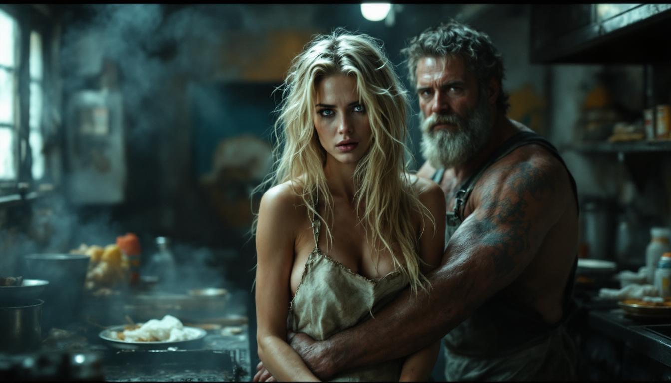 This cinematic 8K shot features a striking half-body shot of a beauty, realistic young woman in her twenties, exuding a haunting beauty reminiscent of a still from holly wood blockbuster film. She is standing by the grill in the dilapidated kitchen of a burger joint. Her very long blonde hair is wildly tousled, as if caught in a ghostly breeze. She is wearing only a dirty, short kitchen apron, the top of which already has some rips, adding to the unpleasant atmosphere of her surroundings. Her skin is glistening with sweat from the heat of the grill. Her expression is one of despair, as if she were trapped in a nightmare. In the background, a dingy, dirty kitchen with piles of garbage and dirty dishes can be seen, with smoke and fumes everywhere. Behind her is a menacing, muscular middle-aged man in dirty overalls, Hugging her tight from behind. The composition captures a dramatic atmosphere, underscored by cinematic lighting that casts deep shadows across the space, highlighting the grim reality of their despair. The use of the ARRI ALEXA 65 camera ensures unprecedented resolution and high dynamic range, creating rich textures and vibrant colors that enhance the overall visual impact and perfectly showcase this eerie shot.