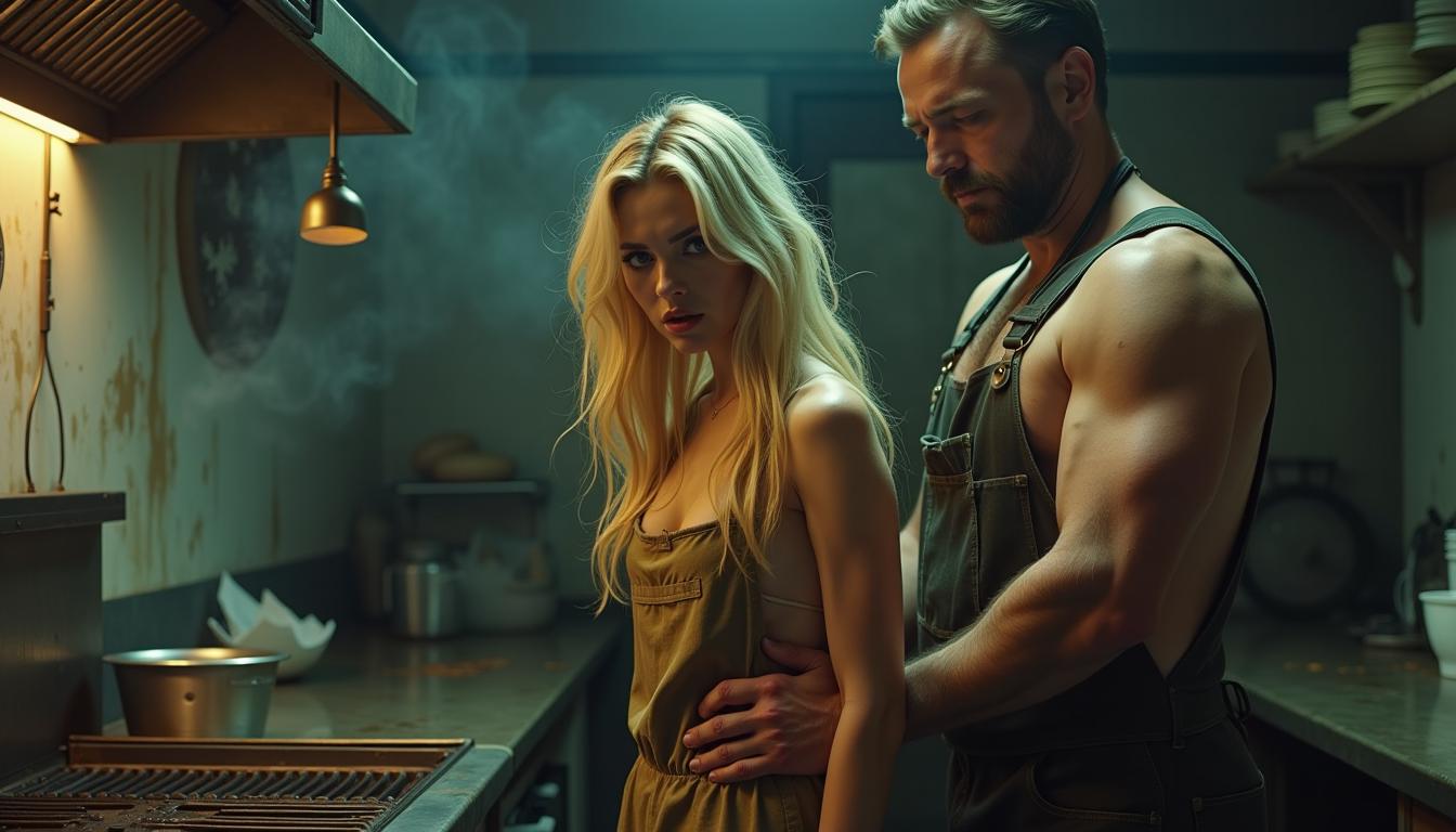 This cinematic 8K shot features a striking half-body shot of a beauty, realistic young woman in her twenties, exuding a haunting beauty reminiscent of a still from holly wood blockbuster film. She is standing by the grill in the dilapidated kitchen of a burger joint. Her very long blonde hair is wildly tousled, as if caught in a ghostly breeze. She is wearing only a dirty, short kitchen apron, the top of which already has some rips, adding to the unpleasant atmosphere of her surroundings. Her skin is glistening with sweat from the heat of the grill. Her expression is one of despair, as if she were trapped in a nightmare. In the background, a dingy, dirty kitchen with piles of garbage and dirty dishes can be seen, with smoke and fumes everywhere. Behind her is a menacing, muscular middle-aged man in dirty overalls, Hugging her tight from behind. The composition captures a dramatic atmosphere, underscored by cinematic lighting that casts deep shadows across the space, highlighting the grim reality of their despair. The use of the ARRI ALEXA 65 camera ensures unprecedented resolution and high dynamic range, creating rich textures and vibrant colors that enhance the overall visual impact and perfectly showcase this eerie shot.