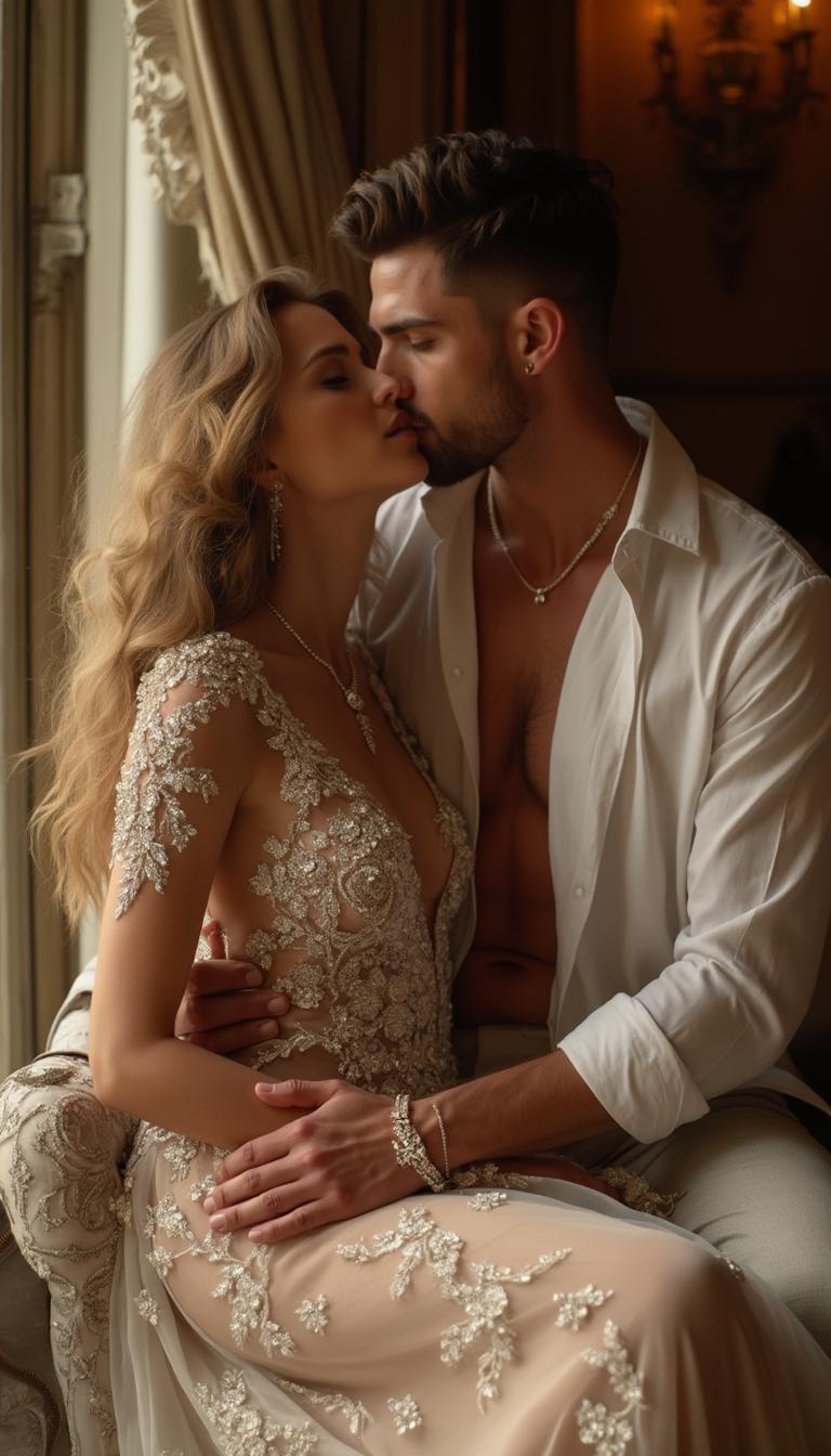 IMG_2985.HEIC, luxury fashion photo, Vogue magazine, photographic image of a realistic woman captured in a close-up with a dramatic atmosphere. The elegant woman has long blonde hair and is wearing a flowing, transparent floral-embroidered gown that shimmers with diamond embellishments. Close behind her is a muscular man in a white open shirt who embraces her tenderly, and she basks in the moment with a sense of devotion. This scene is designed for a high-end jewelry advertisement, showcasing exquisite jewelry made of diamonds, shot with the ARRI ALEXA 65 for unparalleled resolution and dynamic range. The lighting is dramatic, enhancing the luxurious textures and intricate details of haute couture fashion, all set against a backdrop of opulent decor that complements the elegance of the models.