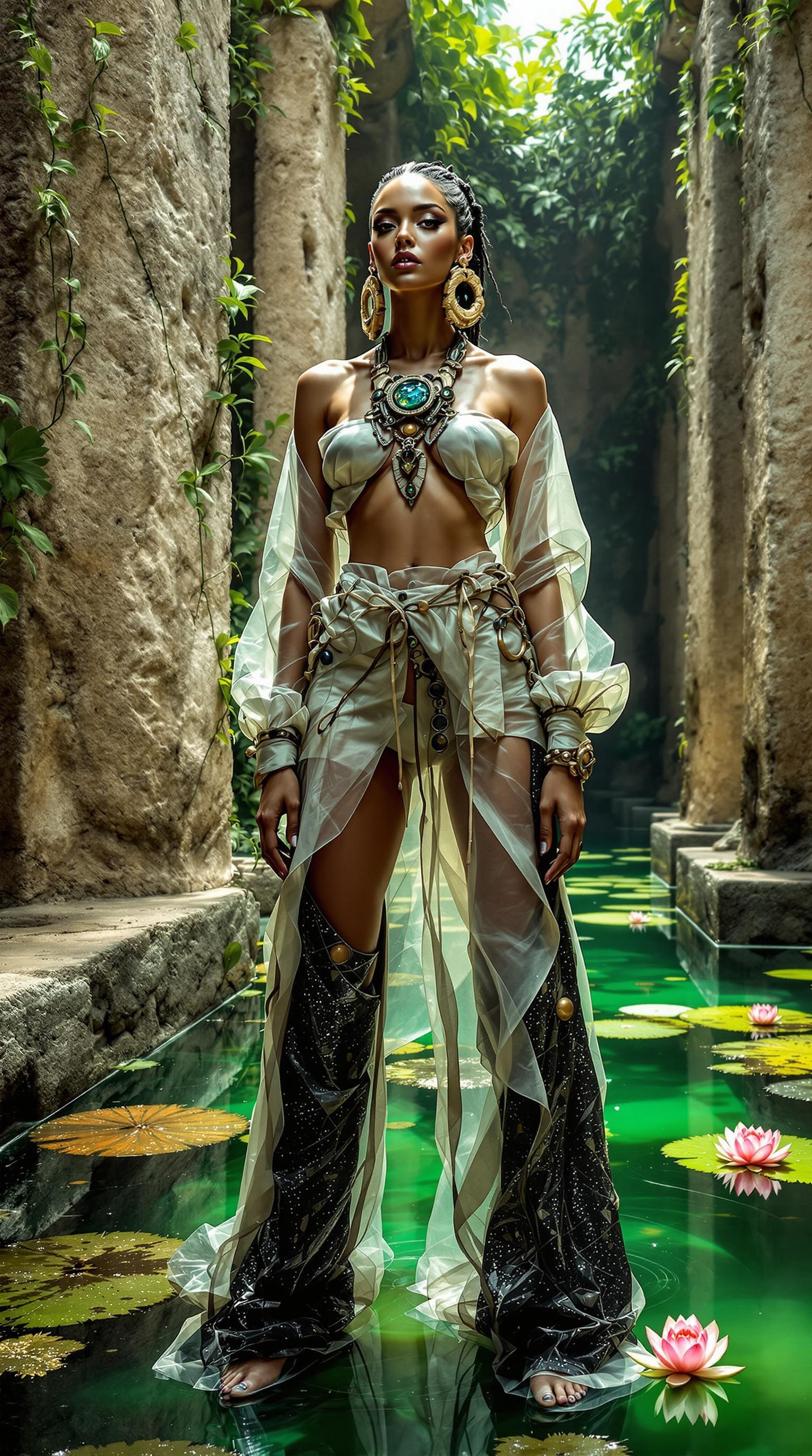 IMG_2985.HEIC, top fashion model photo, Vogue magazine. She stands in ancient ruins, surrounded by the remnants of a lost civilization, with a serene green pool at her feet, the water reaching mid-thigh. The realistic woman wears the latest fashion, a captivating blend of avant-garde casual wear featuring transparent jeans, silk, and metallic fabrics. Her outfit is a daring mix of short and long dresses, skirts, and oversized tops, all highlighted by large, eye-catching jewelry made of wood and metal. The wild mix of materials complements her striking poses, while climbing plants and water lilies float gracefully on the surface of the water, creating an exotic, adventurous atmosphere. Award-winning photography captures the essence of this unique fashion moment.