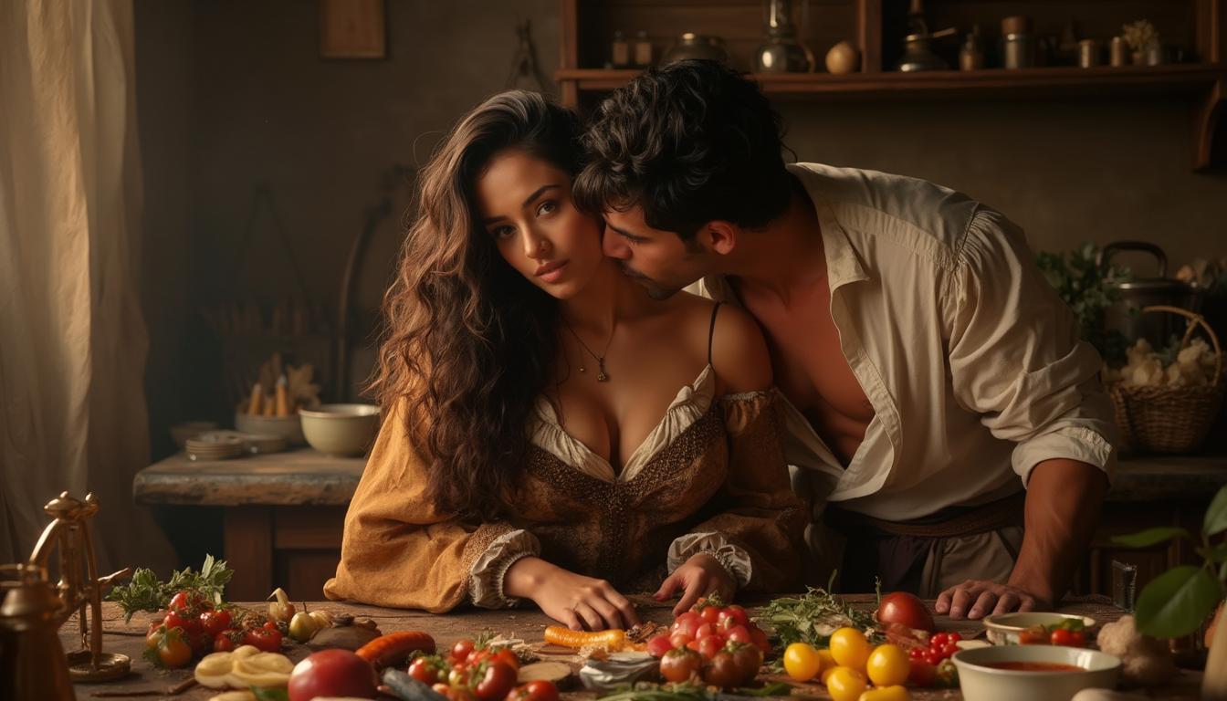 The image is an 8K ultra-realistic half-body shot capturing a curvy Persian courtesan in her mid-20s, set against the backdrop of a lavish French palace kitchen. Her long, tousled hair cascades over her shoulders, framing her face as she poses seductively in historically accurate attire, highlighting her curves and femininity. The soft, warm lighting enhances the intimate atmosphere, casting gentle shadows that accentuate her features and the rich textures of her clothing. Behind her, a young, muscular man with an open, ruffled shirt leans in, kissing her neck and shoulders, creating a sense of intimacy and allure. The rustic wooden table in the foreground is laden with an abundance of food, vibrant ingredients, and hunting spoils, suggesting a bustling kitchen preparing for a grand feast. The composition balances the sensuality of the figures with the rich, detailed environment, drawing the viewer into this opulent scene from the court of the French Sun King.