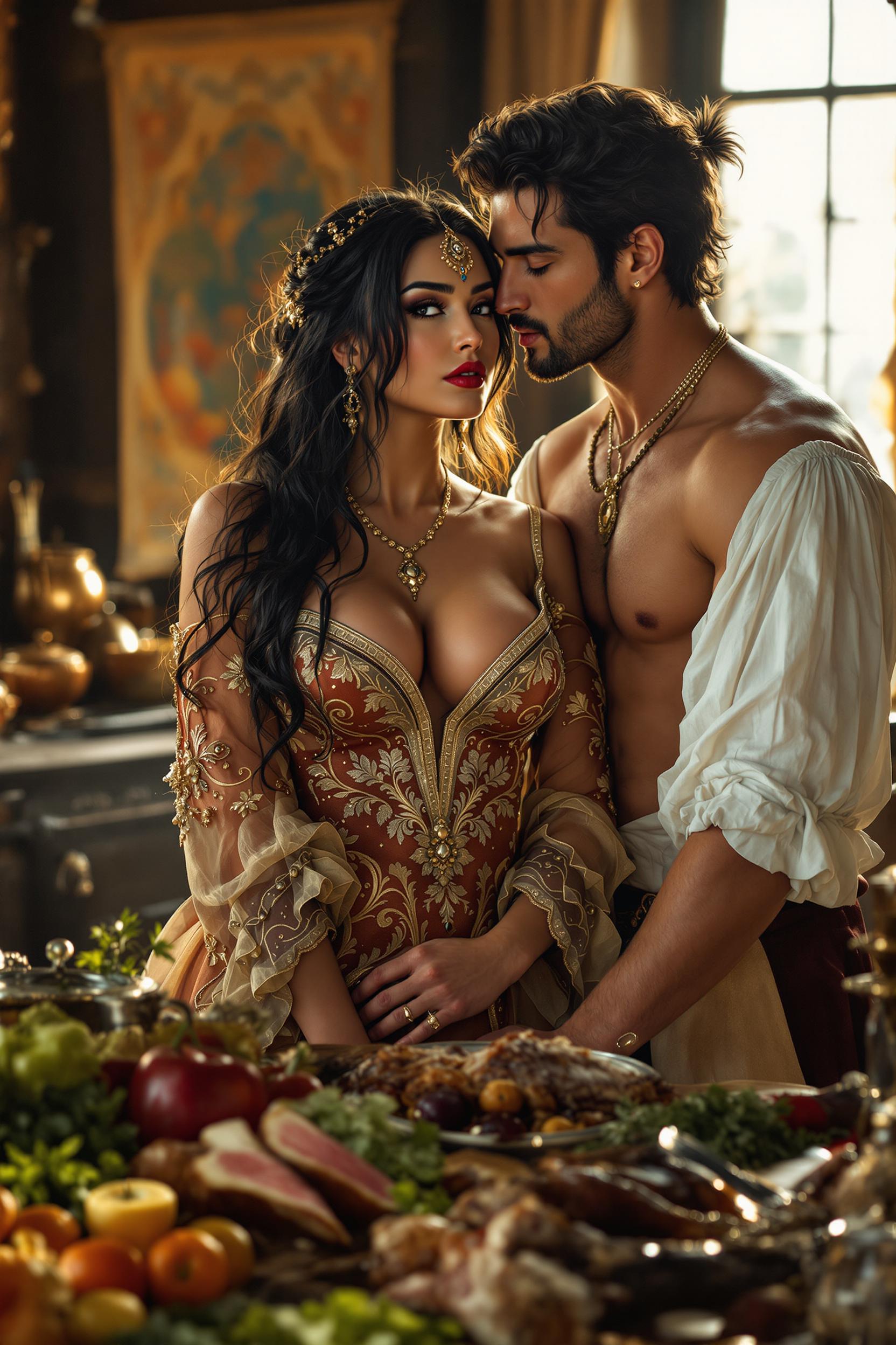 An 8K ultra-realistic, half-body portrait of a curvy Persian courtesan in her mid-20s, captured in a lavish French palace kitchen during the era of the Sun King. Her long, tousled black hair cascades over her shoulders, framing her striking face with almond-shaped eyes and full lips, as she poses seductively in historically accurate 17th-century Persian-inspired attire—a richly embroidered silk gown with intricate gold threading, clinging to her curves and emphasizing her femininity. Soft, warm golden-hour lighting bathes the scene, casting delicate shadows that highlight the contours of her face, the shimmer of her jewelry, and the luxurious textures of her clothing. Behind her, a young, muscular man with tanned skin and an open, ruffled white shirt leans in intimately, his lips brushing against her neck and shoulders, creating a palpable sense of passion and allure. The background reveals a bustling yet opulent kitchen environment, with a rustic wooden table in the foreground laden with an abundance of vibrant ingredients—ripe fruits, fresh herbs, glistening meats, and hunting spoils like pheasants and rabbits—evoking the preparation for a grand feast. The composition is framed from a slightly low angle, emphasizing the commanding presence of the courtesan while balancing the sensuality of the figures with the intricate details of the surroundings, including polished copper pots, ornate tapestries on the walls, and the warm glow of a nearby hearth. The mood is intimate and decadent, with a romantic, almost forbidden atmosphere, set against the backdrop of a late afternoon, where soft sunlight streams through tall windows, illuminating motes of dust in the air. Rendered in a hyper-realistic style reminiscent of Baroque portraiture, with meticulous attention to texture, lighting, and historical accuracy, captured as if through a high-end DSLR lens with a shallow depth of field to keep the subjects in sharp focus while softly blurring the background.