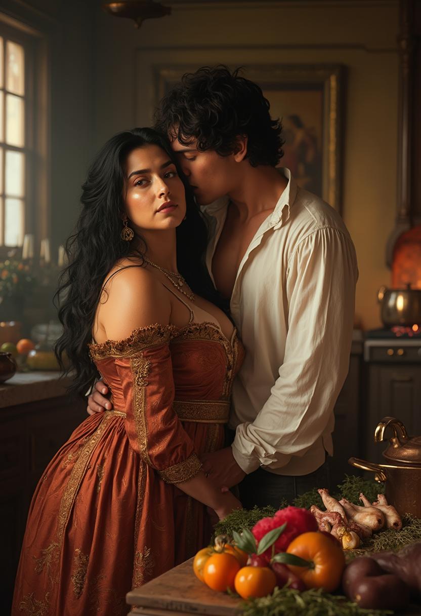 An 8K ultra-realistic, half-body portrait of a curvy Persian courtesan in her mid-20s, captured in a lavish French palace kitchen during the era of the Sun King. Her long, tousled black hair cascades over her shoulders, framing her striking face with almond-shaped eyes and full lips, as she poses seductively in historically accurate 17th-century Persian-inspired attire—a richly embroidered silk gown with intricate gold threading, clinging to her curves and emphasizing her femininity. Soft, warm golden-hour lighting bathes the scene, casting delicate shadows that highlight the contours of her face, the shimmer of her jewelry, and the luxurious textures of her clothing. Behind her, a young, muscular man with tanned skin and an open, ruffled white shirt leans in intimately, his lips brushing against her neck and shoulders, creating a palpable sense of passion and allure. The background reveals a bustling yet opulent kitchen environment, with a rustic wooden table in the foreground laden with an abundance of vibrant ingredients—ripe fruits, fresh herbs, glistening meats, and hunting spoils like pheasants and rabbits—evoking the preparation for a grand feast. The composition is framed from a slightly low angle, emphasizing the commanding presence of the courtesan while balancing the sensuality of the figures with the intricate details of the surroundings, including polished copper pots, ornate tapestries on the walls, and the warm glow of a nearby hearth. The mood is intimate and decadent, with a romantic, almost forbidden atmosphere, set against the backdrop of a late afternoon, where soft sunlight streams through tall windows, illuminating motes of dust in the air. Rendered in a hyper-realistic style reminiscent of Baroque portraiture, with meticulous attention to texture, lighting, and historical accuracy, captured as if through a high-end DSLR lens with a shallow depth of field to keep the subjects in sharp focus while softly blurring the background.