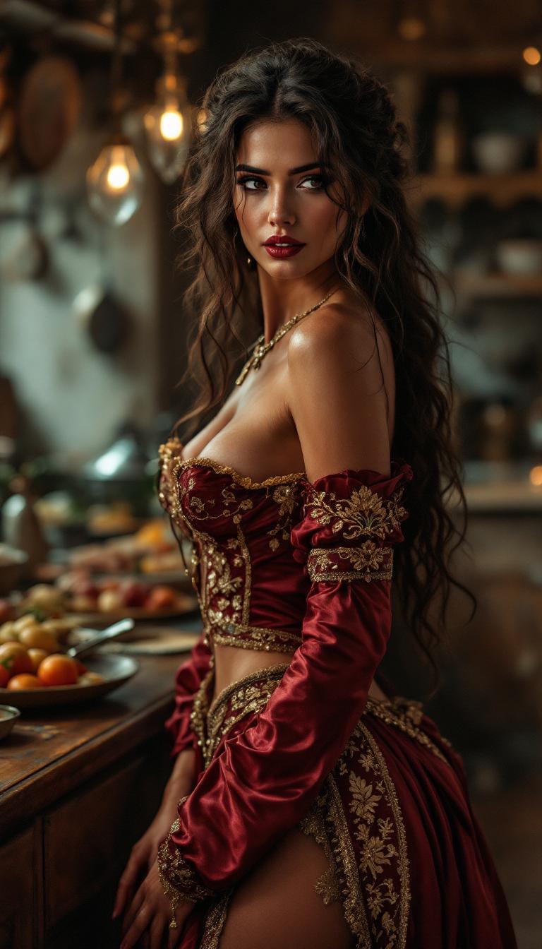 An 8K ultra-realistic image capturing a half-body, side-view portrait of a captivating Persian courtesan in her mid-20s, exuding sensuality at the opulent court of the French Sun King. Her long, tousled hair cascades over her shoulders, framing her alluring features as she poses seductively in the palace kitchen. She wears historically accurate 17th-century attire, a luxurious silk gown with intricate embroidery and rich jewel tones of deep crimson and gold, though her skirt has slipped slightly, revealing the soft curve of her round buttocks, adding an enticing and provocative element to her stance. Her expression and body language are suggestive, drawing the viewer in with a knowing gaze and subtle, flirtatious gestures.

The composition focuses on her positioned slightly off-center, with a low camera angle that emphasizes her commanding presence and the elegant lines of her form, shot as if through the lens of an ARRI ALEXA 65 for unparalleled resolution and dynamic range. Surrounding her is a bustling yet intimate palace kitchen, steeped in rustic charm. A sturdy wooden table in the foreground overflows with an abundance of feast preparations—freshly hunted game like pheasants and rabbits, vibrant vegetables, loaves of crusty bread, and gleaming copper utensils, all rendered with photorealistic textures and fine detail. In the background, a large open fireplace dominates the scene, its warm, flickering flames casting dramatic shadows across the stone walls. A massive copper kettle hangs within the hearth, reflecting the firelight with a polished sheen.

The lighting is cinematic and evocative, a masterful interplay of soft candlelight and the golden glow of the open fire, creating deep contrasts and highlighting the luxurious textures of her clothing, the rough-hewn wood of the table, and the smoky atmosphere of the kitchen. The mood is seductive yet grounded in historical authenticity, with a warm, inviting ambiance that speaks of a late evening feast preparation under the opulence of Versailles. The overall atmosphere is intimate and tantalizing, blending the raw energy of the kitchen with the courtesan’s magnetic allure, captured in a picturesque, cinematic style with incredible attention to detail and dramatic chiaroscuro lighting effects.