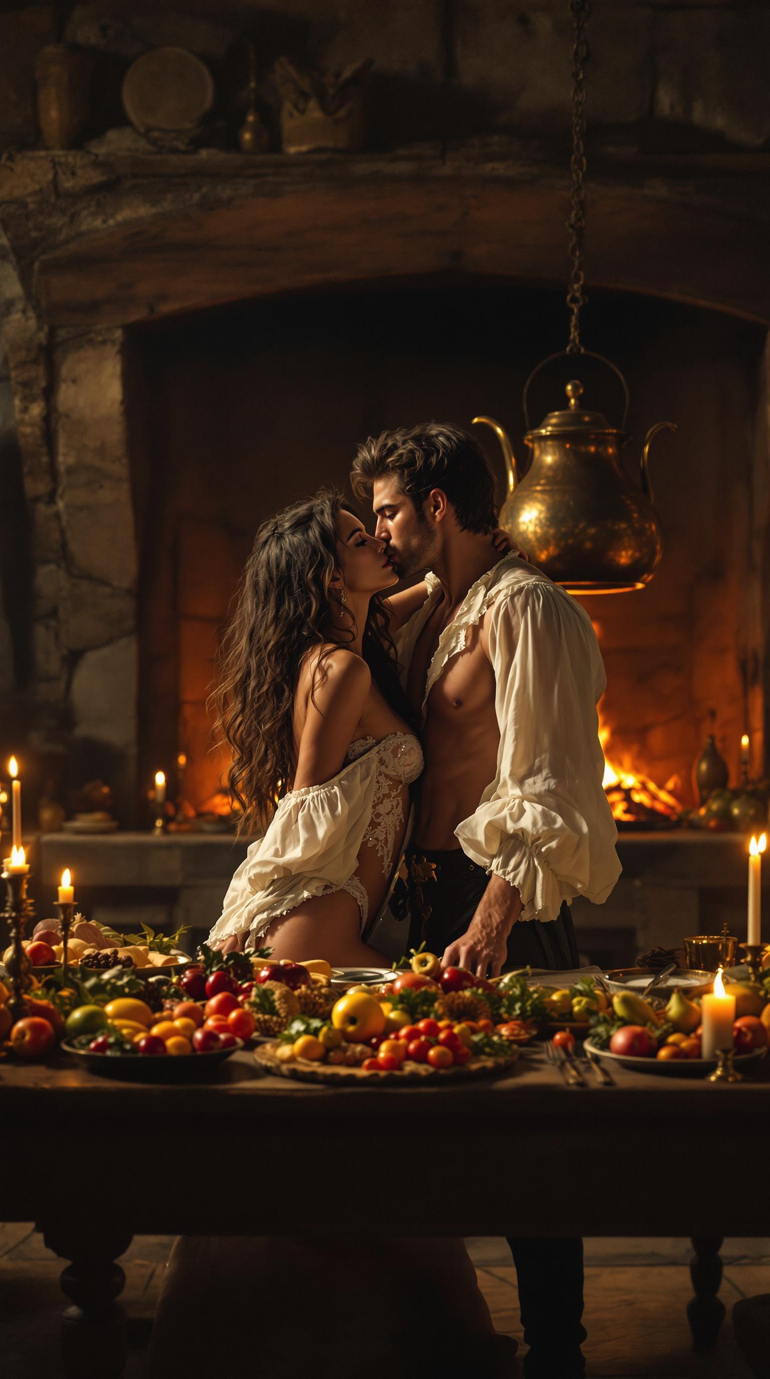 A breathtaking 8K ultra-realistic image capturing a full-body shot of a beautiful Persian courtesan in her mid-20s, exuding allure at the opulent court of the French Sun King. Her long, tousled hair cascades over her shoulders, framing her delicate features and captivating gaze. She is dressed in historically accurate 17th-century lingerie, with intricate lace details and soft, sheer fabrics that hint at her form, posing seductively in the rustic yet regal palace kitchen. Her posture is light and enticing, with a suggestive tilt of her hips and a playful, inviting expression that draws the viewer in. Behind her, a young, muscular, and strikingly handsome man with chiseled features and an open, ruffled white shirt exposes his toned chest. He leans in intimately, kissing her neck and shoulders with tender passion, while her expression reveals pure enjoyment and surrender to the moment.

The composition is carefully framed to emphasize the intimacy of the couple in the foreground, with the courtesan slightly off-center, her body angled toward the viewer, and the man positioned just behind her, creating depth and connection. The camera angle is slightly low, enhancing their commanding presence and adding a sense of grandeur to the scene. Surrounding them, the palace kitchen bursts with life and detail: a rustic wooden table in the midground is laden with an abundance of food, fresh ingredients, and hunting spoils—vibrant fruits, glistening game birds, and polished silverware—hinting at preparations for a lavish feast. In the background, a large open fireplace dominates the scene, its roaring flames casting a warm, flickering glow across the room. A massive copper kettle hangs within, its polished surface reflecting the firelight, adding a touch of rustic elegance.

The mood is deeply seductive and cinematic, embodying joie de vivre, indulgence, and forbidden romance. The atmosphere is intimate and warm, set during the late evening, with the only illumination coming from countless candles scattered throughout the kitchen and the golden firelight, creating dramatic chiaroscuro lighting that highlights the luxurious textures of the lingerie, the man’s ruffled shirt, and the rich, earthy tones of the kitchen. Shadows dance across the stone walls, enhancing the painterly quality of the scene. The style is inspired by the Baroque art movement, reminiscent of Caravaggio’s mastery of light and shadow, combined with a modern cinematic flair. The image is captured as if filmed with the ARRI ALEXA 65, showcasing unparalleled resolution, dynamic range, and incredible detail in every element—from the intricate embroidery