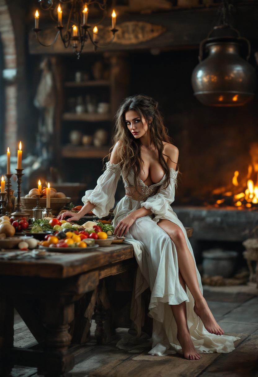 8K ultra-realistic image, full body shot, A sexy French courtesan in her mid-20s with long, tousled hair at the court of the French Sun King. She sits lightly and seductively dressed in historically correct attire on a rustic wooden table in the palace kitchen. She entices the viewer with suggestive poses, one foot on the table showing her stunning legs. On the table are plenty of food and ingredients, showing that the kitchen is preparing a feast. In the background is a large open fireplace with a large copper kettle hanging in it. The scene is lit by candles and firelight from the open fire. A picturesque, cinematic, seductive scene with incredible detail. The scene is captured with the ARRI ALEXA 65, showing unparalleled resolution and dynamic range, while dramatic lighting enhances the luxurious textures.