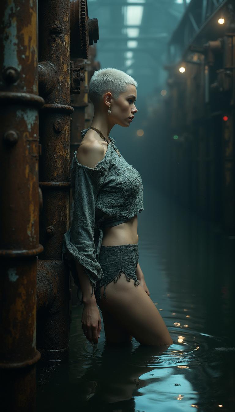 A surrealist, Brutalist high-fashion portrait of a striking 24-year-old Dutch-Thai female model, captured in a low-angle, half-body shot. She stands with hypnotic enchantment in her expression, immersed up to her knees in dark, dirty water that ripples subtly around her. Her physique is tight and sculpted, with a defined lower back, toned abs, and a flat chest, showcasing visible muscle definition. Her fair skin has a translucent quality, faintly revealing blue veins beneath, with detailed pores and smooth texture sharply in focus. Her inverted triangle-shaped, midnight blue eyes are mysterious and captivating, framed by long, elegant eyelashes. A buzz cut of stark white hair contrasts with her asymmetrical, delicately shaped eyebrows, enhancing her ethereal facial features.

She wears a Brutalist-inspired outfit: a textured shirt mimicking a concrete facade, cropped at the midriff, paired with a raw-edge, unfinished short mini skirt, embodying harsh, industrial elegance. Her pose is dynamic and engaging, with arms bent and hands raised to frame her face, creating a powerful focal point. She leans slightly against a rusty, weathered machine, integrating the environment into her posture.

The background features a dark, mystic steampunk industrial complex, abandoned and decaying, filled with towering rusty machines and intricate, corroded gears. The floor is flooded with 30 cm of murky, dark water, reflecting faint, eerie light and adding a sense of desolation. The atmosphere is brooding and otherworldly, with dim, cold lighting casting harsh shadows and highlighting the gritty textures of the environment. The scene is set during twilight, with a faint mist lingering in the air, enhancing the surreal, melancholic mood. The composition emphasizes the model as the central figure, framed by the industrial decay, with a cinematic, wide-angle lens effect to exaggerate the towering machinery and create a sense of grandeur and isolation. Rendered in a high-contrast, hyper-detailed style, inspired by surrealist photography and Brutalist aesthetics, with a focus on sharp textures, dramatic chiaroscuro lighting, and a raw, unpolished finish.