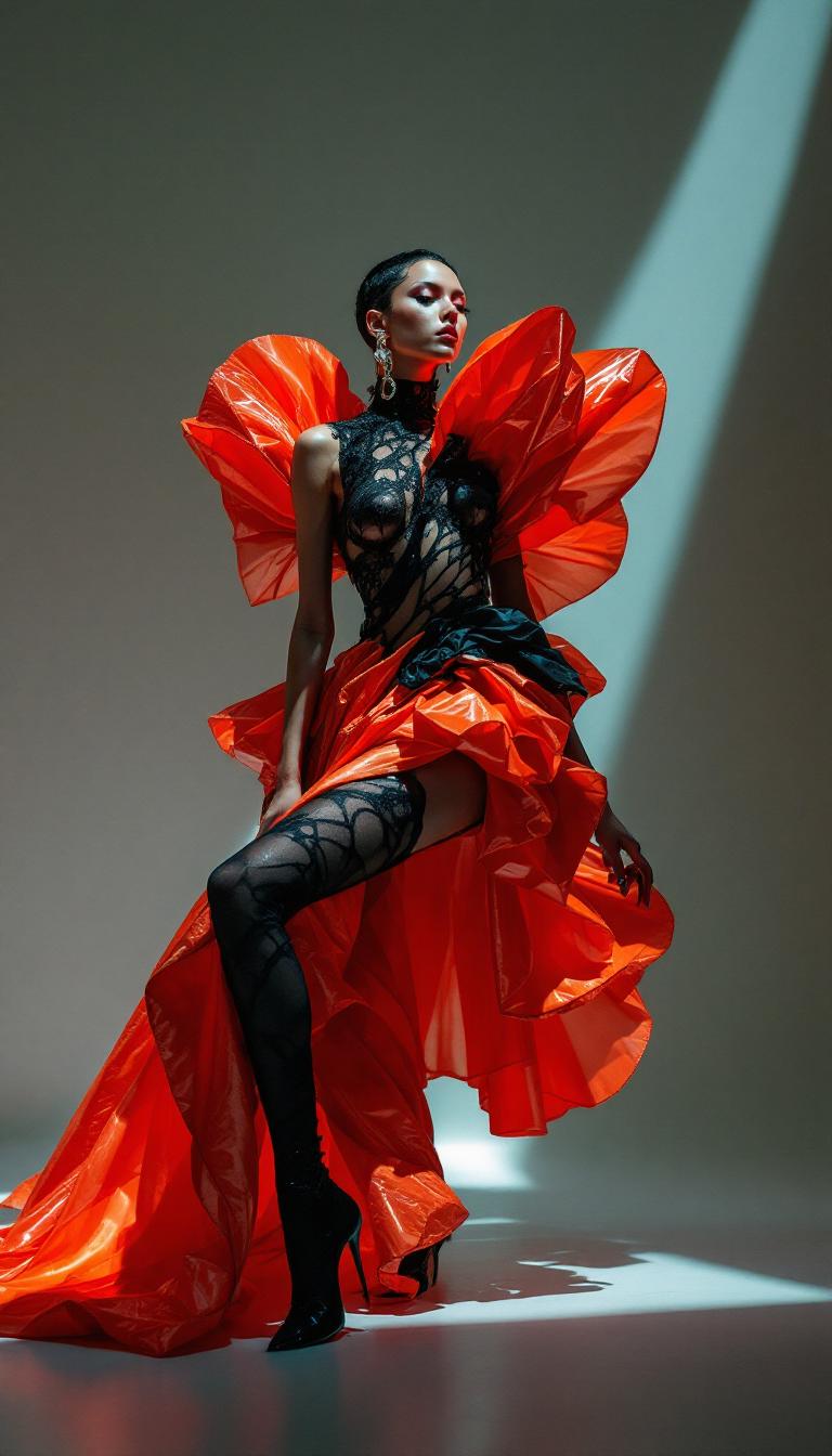 A striking top avant-garde fashion model captured in a high-fashion editorial for Vogue magazine, showcasing a bold and innovative couture outfit with dramatic, sculptural silhouettes, vibrant textures like metallic fabrics, sheer lace, and oversized structural elements. The model poses with fierce confidence, exuding a futuristic and boundary-pushing aesthetic, framed in a minimalist, high-contrast studio setting with sharp, angular shadows. The lighting is dramatic, with a mix of harsh spotlights and soft ambient glow, highlighting the intricate details of the garment in vivid colors like electric blue, crimson, and stark black. The composition features a dynamic, asymmetrical angle, with the model positioned off-center, shot from a low perspective to emphasize power and dominance. The mood is cutting-edge and daring, with a sleek, modern atmosphere that screams innovation. Photographed in the style of award-winning fashion photography, inspired by the works of Irving Penn and Annie Leibovitz, with razor-sharp focus, impeccable clarity, and a cinematic depth of field, creating a visually arresting and iconic image worthy of a magazine cover.