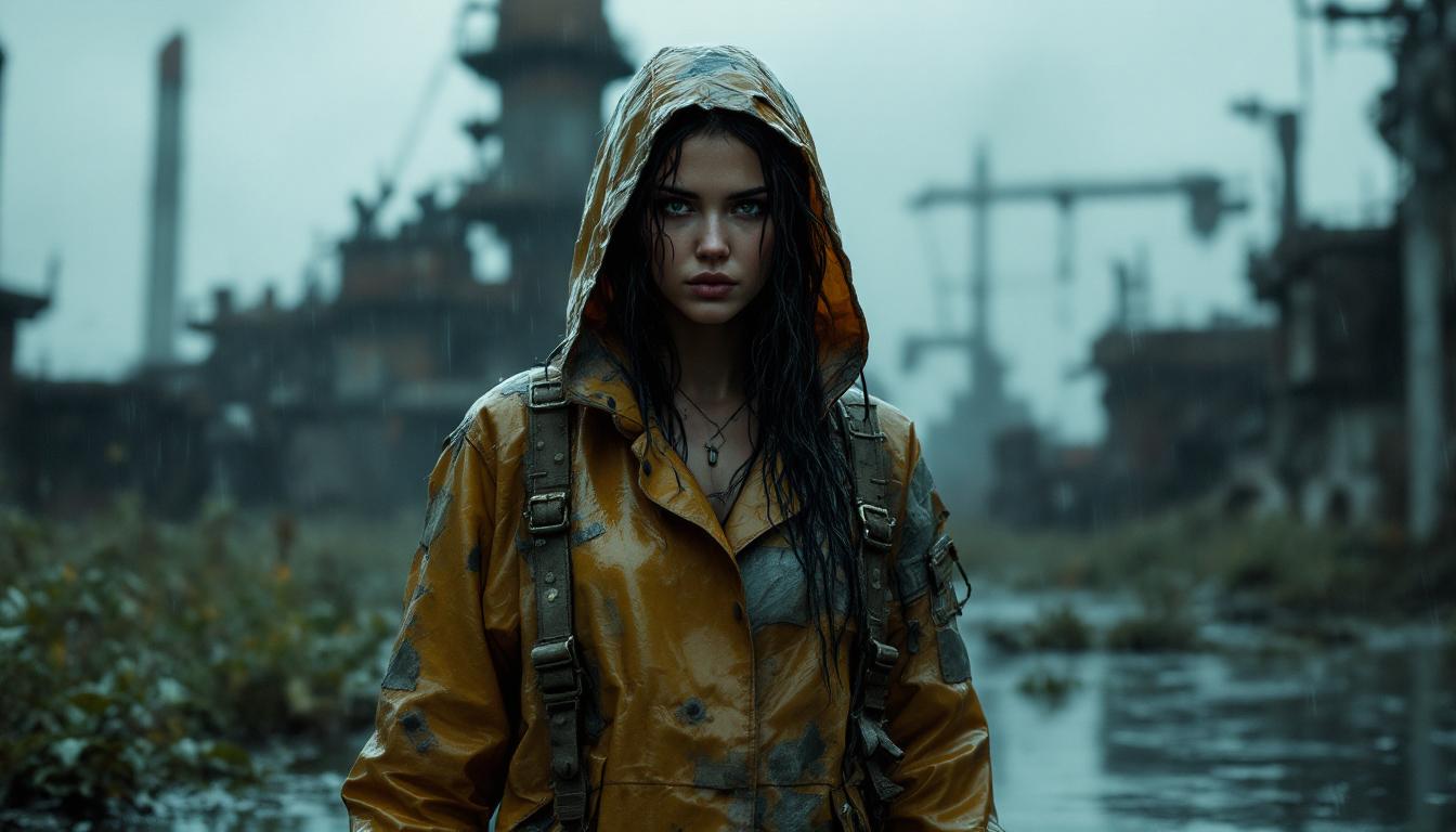 In a post-apocalyptic industrial complex, a striking female survivor stands defiantly in waist-high water, her open plastic raincoat featuring a worn texture that glistens under the relentless downpour. The rain cascades from the night sky, creating a cinematic atmosphere as droplets splash against the coat's surface, emphasizing its ruggedness. Her coat, adorned with intricate patched repairs and buckled straps, reflects her resilience and resourcefulness. Surrounding her are the remnants of rusted machinery and crumbling concrete structures, overgrown with weeds and debris, hinting at a once-bustling environment now abandoned. Shadows dance across the scene, enhanced by the interplay of dim light filtering through the rain, casting a dramatic contrast against her silhouette. The background features blurred outlines of industrial remnants, enhancing the depth of field and drawing focus to her determined expression. The composition captures a moment of survival and strength, encapsulated in a hyperrealistic style that showcases every detail, from the droplets on her skin to the reflections in the water. Keywords: photorealism, hyperrealism, cinematic-still, street-style portrait, post-apocalyptic, night scene, rain, industrial complex, waist-high water, resilience, resourcefulness, light and shadow interplay, detailed textures, dramatic contrast, depth of field, emotional intensity.