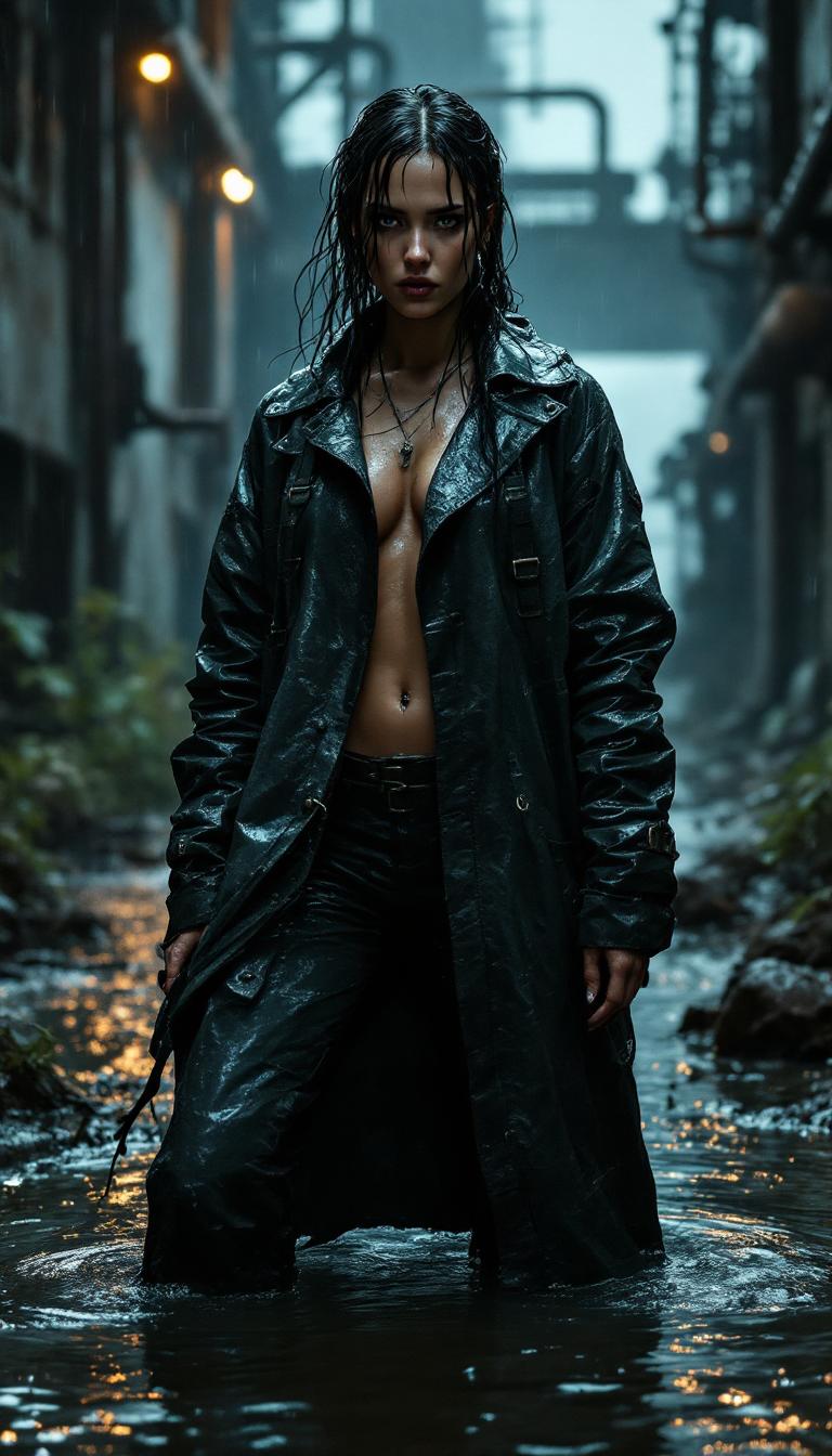 A powerful cinematic still of a striking female survivor in a post-apocalyptic industrial complex, standing defiantly in waist-high, murky water under a relentless downpour. Her open plastic raincoat, weathered and worn with a glistening, wet texture, clings to her soaked body, the surface catching raindrops that shimmer in the dim, ambient light of a stormy night sky. The coat is detailed with intricate patched repairs and buckled straps, showcasing her resilience and resourcefulness. Surrounding her are the haunting remnants of a decayed industrial world—rusted machinery, crumbling concrete structures, and overgrown weeds intertwined with debris, all hinting at a once-thriving environment now abandoned. The composition is framed as a street-style portrait with a low camera angle, emphasizing her commanding presence and determined expression, her silhouette sharply contrasted against the blurred industrial backdrop to enhance depth of field. Shadows and light interplay dramatically across the scene, with faint, eerie illumination filtering through the rain, casting moody reflections on the water's rippling surface and highlighting every droplet on her skin. The atmosphere is heavy with emotional intensity, evoking survival and strength, rendered in a hyperrealistic, photorealistic style that captures every intricate detail—from the rugged texture of the raincoat to the subtle reflections in the water. The night scene is steeped in a cinematic mood, with dramatic contrast, detailed textures, and a palpable sense of desolation and defiance.