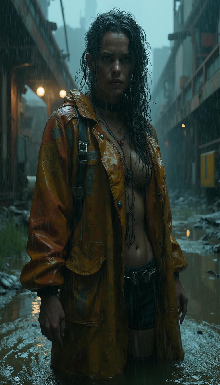 A powerful cinematic still of a striking female survivor in a post-apocalyptic industrial complex, standing defiantly in waist-high, murky water under a relentless downpour. Her open plastic raincoat, weathered and worn with a glistening, wet texture, clings to her soaked body, the surface catching raindrops that shimmer in the dim, ambient light of a stormy night sky. The coat is detailed with intricate patched repairs and buckled straps, showcasing her resilience and resourcefulness. Surrounding her are the haunting remnants of a decayed industrial world—rusted machinery, crumbling concrete structures, and overgrown weeds intertwined with debris, all hinting at a once-thriving environment now abandoned. The composition is framed as a street-style portrait with a low camera angle, emphasizing her commanding presence and determined expression, her silhouette sharply contrasted against the blurred industrial backdrop to enhance depth of field. Shadows and light interplay dramatically across the scene, with faint, eerie illumination filtering through the rain, casting moody reflections on the water's rippling surface and highlighting every droplet on her skin. The atmosphere is heavy with emotional intensity, evoking survival and strength, rendered in a hyperrealistic, photorealistic style that captures every intricate detail—from the rugged texture of the raincoat to the subtle reflections in the water. The night scene is steeped in a cinematic mood, with dramatic contrast, detailed textures, and a palpable sense of desolation and defiance.
