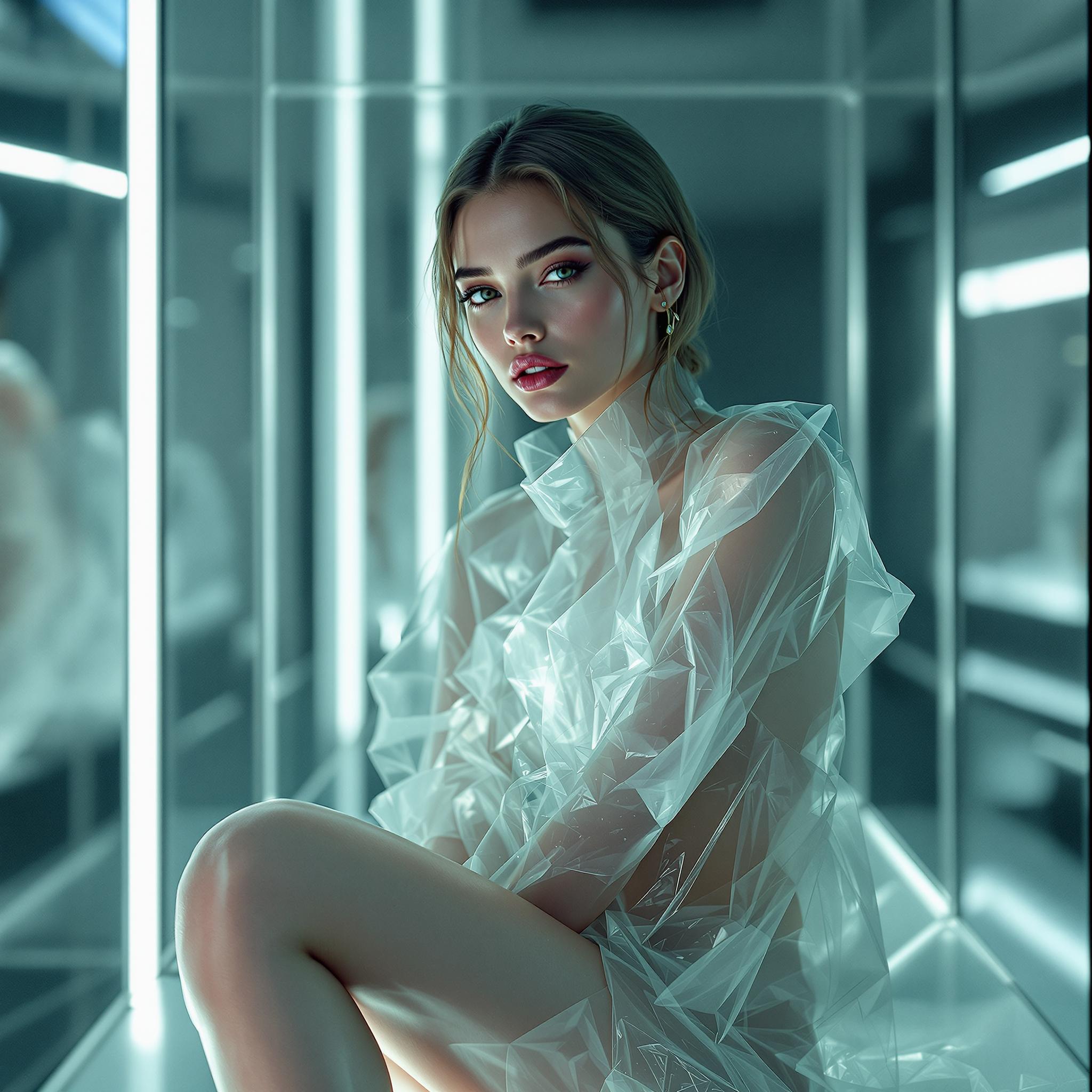 Vogue magazine fashion model, 24 years old, LEICA_M11.DNG, shot on Leica M11 with Summilux 50mm f/1.4 lens, photorealistic DSLR image quality, studio lighting, posing inside a futuristic glass cube presenting new avant-garde transparent silk fashion, soft highlights and clean shadows, EXIF: f/1.4, ISO 100, 1/500s, vogue.com layout, ultra high-definition, editorial tone, cinematic composition, subtle lens bloom, real-world depth of field