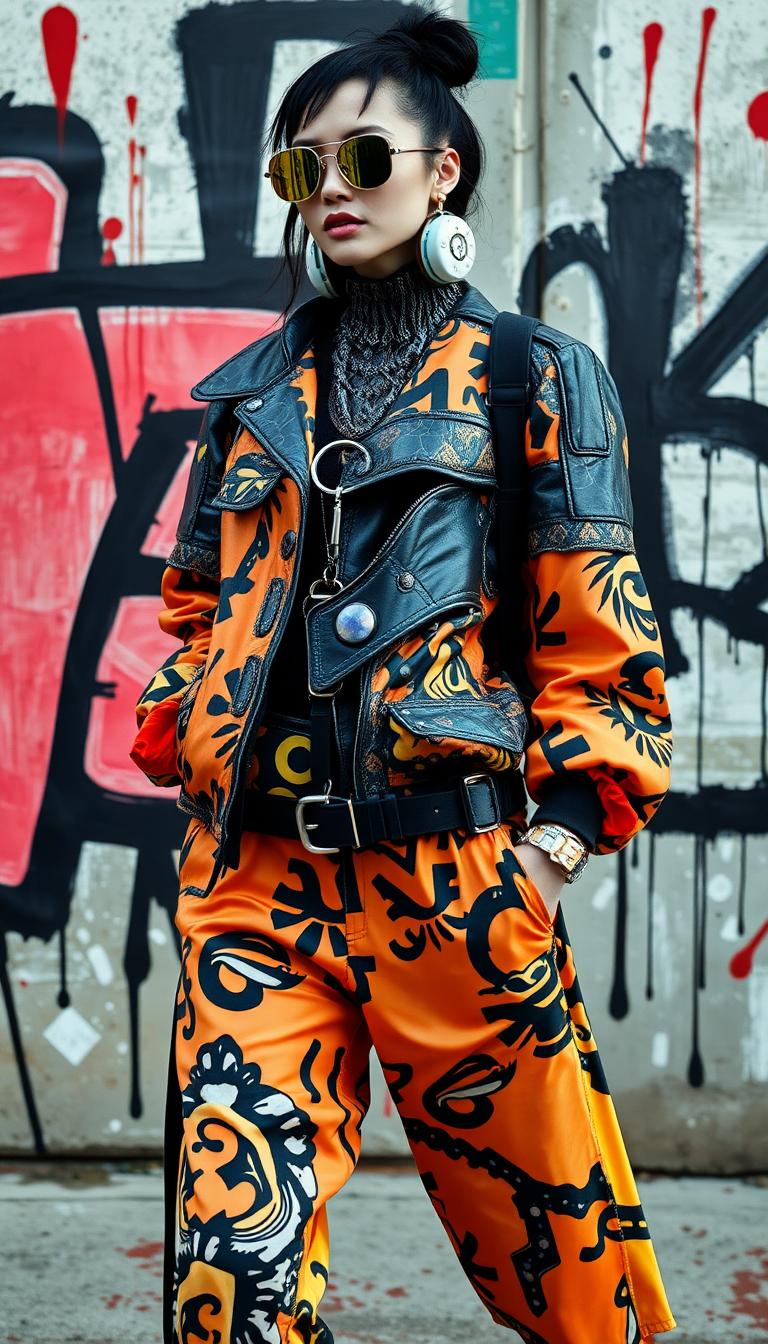  A high-fashion editorial shot of a woman dressed in avant-garde streetwear, blending bold patterns, metallic textures, and futuristic accessories. The background features abstract art and graffiti, combining modern fashion trends with street culture in an eye-catching and unconventional way.
