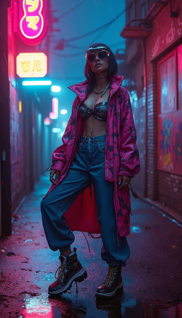 A striking high-fashion editorial shot of a confident woman posing provocatively in sexy avant-garde streetwear, featuring a daring mix of bold, clashing patterns, shimmering metallic textures, and cutting-edge futuristic accessories like chrome visors and angular jewelry. Her outfit combines oversized silhouettes with sculpted, form-fitting elements, showcasing vibrant colors like electric blue, neon pink, and deep black, contrasted with reflective silver and gold accents. The background captures a gritty, rainy midnight street scene in the backyard of a pulsating music club, with wet asphalt glistening under flickering neon lights in hues of magenta and cyan, and faint graffiti-covered brick walls adding an urban edge. Puddles on the ground reflect the vibrant lights, enhancing the moody, cinematic atmosphere. The composition focuses on the woman as the central subject, positioned dynamically with a low camera angle looking up to emphasize her powerful stance and commanding presence, her pose exuding sensuality and rebellion. The lighting is dramatic, with a mix of cool, artificial neon glow and soft, diffused streetlamp illumination, casting subtle highlights on the metallic textures of her outfit. The mood is edgy and mysterious, blending modern fashion trends with raw street culture, set against a backdrop of rain-soaked urban decay. Rendered in a high-definition, hyper-realistic photography style with a focus on sharp details, glossy textures, and a slightly grainy, film-noir aesthetic to evoke a sense of timeless cool.