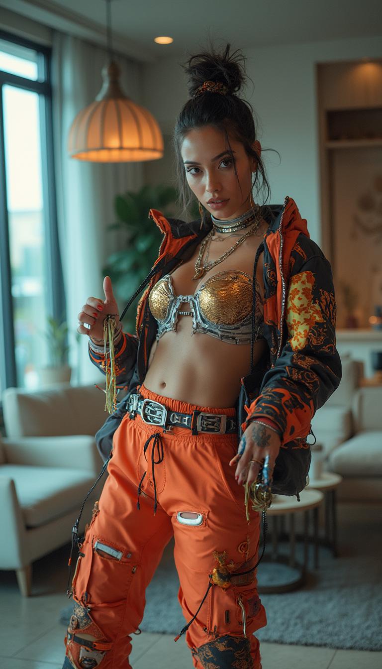  A high-fashion editorial shot of a woman dancing dressed in avant-garde streetwear, blending bold patterns, metallic textures, and futuristic accessories. The background features a futuristic modern living room, combining modern fashion trends with street culture in an eye-catching and unconventional way and sexy posing.
