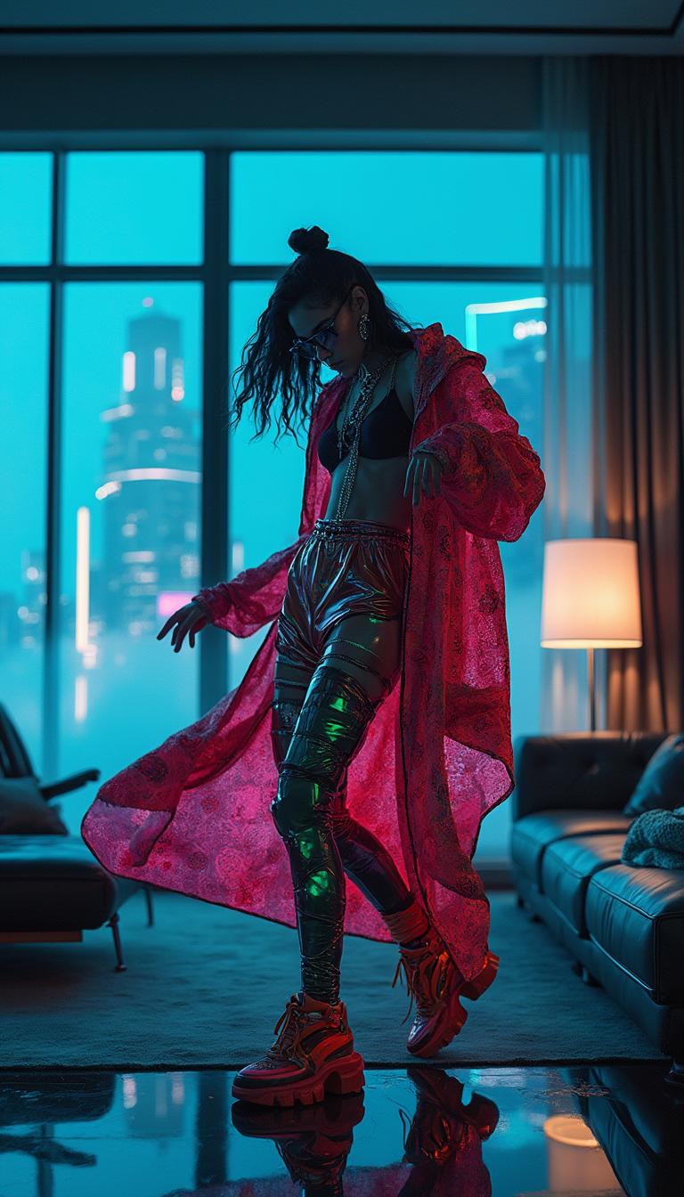 A captivating high-fashion editorial shot of a striking woman dancing with fluid, dynamic grace, dressed in avant-garde streetwear that fuses bold, clashing patterns, shimmering metallic textures, and cutting-edge futuristic accessories like chrome visors and sculptural jewelry. Her outfit exudes a rebellious yet sophisticated vibe, with oversized silhouettes, vibrant neon accents, and intricate layering that blends modern fashion trends with raw street culture. The background is a sleek, futuristic modern living room, featuring minimalist furniture with sharp geometric lines, glossy black surfaces, and ambient LED lighting casting soft cyan and magenta glows. The composition focuses on the woman as the central subject, captured mid-motion from a low-angle perspective to emphasize her powerful, sexy pose and commanding presence, with the camera framing her against expansive floor-to-ceiling windows revealing a neon-lit cityscape at night. The mood is bold, edgy, and sensual, with a cinematic atmosphere enhanced by dramatic chiaroscuro lighting, subtle reflections on metallic surfaces, and a faint haze of artificial fog. The style mirrors high-end fashion photography with a cyberpunk twist, prioritizing sharp details, high contrast, and a polished, editorial finish in 8K resolution.