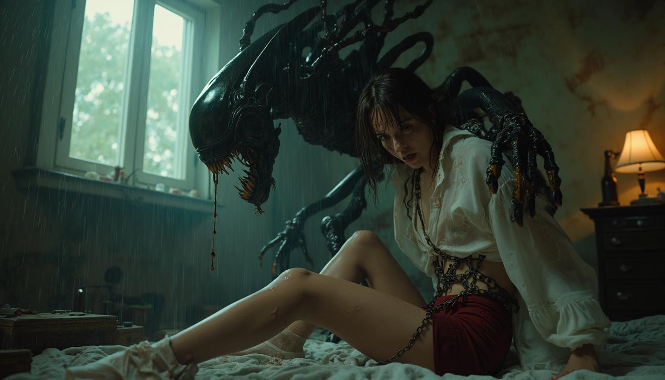 A strikingly realistic full-body side view of a 40-year-old woman, caught in a terrifying confrontation with a nightmarish Xenomorph monster in a chaotic, dimly lit bedroom. She wears a short dark red miniskirt and an open, transparent white silk blouse, torn and clinging to her sweat-soaked skin, with water droplets cascading down her body, reflecting the faint, flickering light. Her wide-open eyes brim with silent fear, her mouth slightly agape in a moment of pure panic, as she struggles against crude, large, rusted iron chains tightly wrapped around her waist and neck. The towering Xenomorph looms over her, its gnarled, biomechanical limbs clutching her legs, viscous slime dripping from its grotesque, glistening exoskeleton, creating a horrifying contrast against her human fragility. The bedroom is a surreal nightmare of decay—strewn with old pizza boxes, broken bottles, and a rusted bed frame casting eerie, stalking shadows across the walls. The atmosphere is oppressive, with a stormy ambiance of rain seeping through cracks, adding to the wet sheen on her skin. The composition focuses on the tense dynamic between the woman and the alien, framed from a low-angle side perspective to emphasize the monster’s dominance and her desperate struggle. The mood is drenched in dread and hopelessness, captured in hyper-realistic detail with dramatic chiaroscuro lighting, sharp textures of the alien’s jagged form, and the soft, vulnerable translucency of her skin. Rendered in the style of cinematic horror photography, with a gritty, dark aesthetic reminiscent of Ridley Scott’s Alien universe, emphasizing photorealistic textures, dynamic tension, and a haunting, visceral atmosphere.