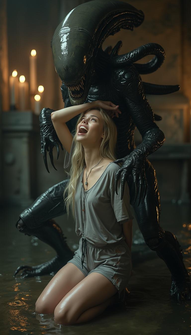 modal close up shot. Naturalistic, spontaneous photo of a truly sexy 25-year-old, tall Russian woman. 1.80 m tall, elegant, slim, ivory skin, very long, wavy, blond hair, fake breasts, no makeup, wearing a wet loose ripped and short, oversized gray T-shirt with a deep V-neck necklace and ripped short jogging hot pants. kneeling on the ground, She is grabbed from behind by the two clawed arms of a creepy xenomorph alien monster whose fanged mouth is looking over her shoulder, and she reaches up with one hand over her head. slimy alien's octopus-like tentacles also clasp her hips and both legs so that she cannot escape; her pose simultaneously suggests fear, devotion, and ecstasy at the alien's touch. In the background a dark, terrifying cellar of an old castle can be seen.  with a large altar with burning candles in the background, on the altar a stone idol sculpture of the alien, the whole floor is flooded  all over with 30cm deep water, The overall style of the image is whimsical and sexy, with an emphasis on surrealism. Relaxed, chaotic, highly aesthetic. An unreal, dark, surreal horror scene.