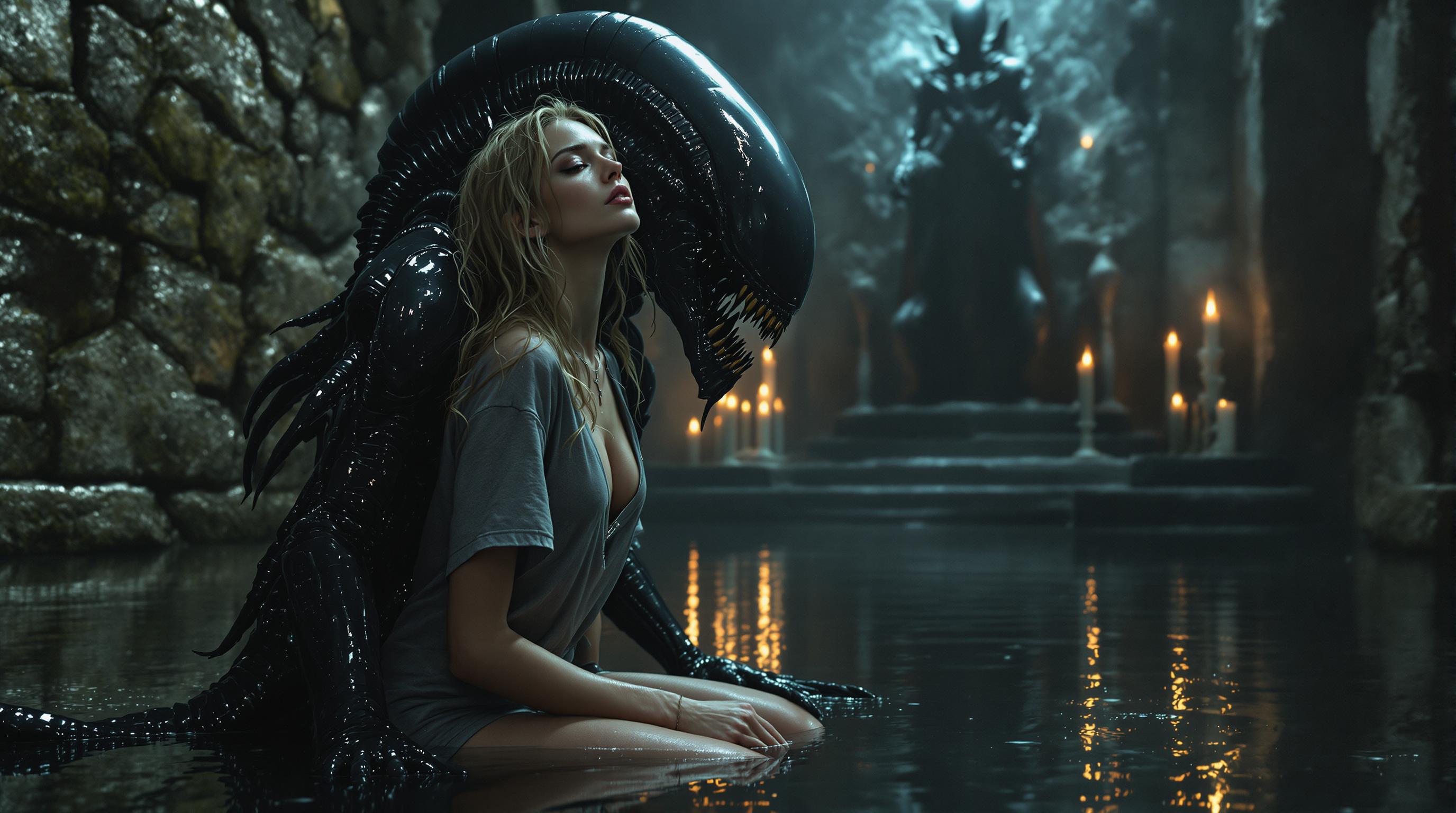 A hyper-detailed, cinematic close-up shot from a side view of a striking 25-year-old Russian woman, standing 1.80m tall with an elegant, slim figure and flawless ivory skin that glows softly in the dim light. Her very long, wavy blond hair cascades down her back, damp and tousled, strands clinging to her shoulders and framing her face with a raw, effortless beauty. She wears no makeup, her sharp, captivating features unadorned yet mesmerizing, dressed in a wet, loose, ripped, and short oversized gray T-shirt with a deep V-neck, the fabric clinging to her form and revealing subtle contours. Paired with torn, short jogging hot pants that hug her curves, a delicate necklace rests against her collarbone, catching faint glimmers of flickering light. She kneels on the ground, her lower body partially submerged in 30cm of dark, reflective water that floods the scene, the ripples around her adding a haunting stillness, her pose exuding a blend of vulnerability and magnetic allure.

From behind, the clawed, skeletal arms of a terrifying xenomorph alien monster grip her torso with a menacing yet possessive hold, its fanged, grotesque mouth looming over her shoulder, viscous slime dripping from its jagged maw onto her pale skin, creating a chilling contrast. Slimy, octopus-like tentacles coil tightly around her hips and legs, their glossy, wet texture binding her in a surreal embrace that suggests both captivity and a strange, forbidden intimacy. Her expression is a complex interplay of fear, devotion, and ecstasy, her eyes wide yet entranced, lips slightly parted, while one hand reaches up over her head in a gesture of surrender or yearning, creating a dynamic, tension-filled composition that draws the viewer in.

The background unveils the dark, oppressive cellar of an ancient castle, its crumbling stone walls slick with moisture, streaked with moss and grime, and draped in heavy shadows that seem to pulse with unseen dread. A large, ominous altar looms at the far end, carved from jagged black stone and adorned with flickering, burning candles, their warm, golden glow casting eerie, dancing reflections across the wet floor and illuminating a towering stone idol sculpture of the alien—a grotesque deity both worshipped and feared, its form twisted with biomechanical horror. The dark water mirrors the candlelight, creating a haunting, dreamlike quality, while faint wisps of mist hover above, enhancing the surreal, otherworldly atmosphere.

The overall style is a whimsical yet deeply unsettling fusion of surrealism and dark horror, inspired by the