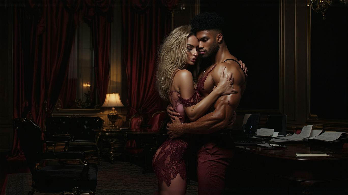 A breathtaking editorial photoshoot captured at midnight, featuring a full-body shot of a stunning Russian businesswoman in her 40s, exuding sensuality and power. She is dressed in high-class, sexy lingerie with intricate lace details and a deep, seductive burgundy hue, the fabric shimmering under dramatic lighting. The camera angle is a 45-degree side view, low-angle shot, emphasizing her commanding presence and elongated silhouette. She stands confidently in an ultra-luxury office, her hands firmly planted on a polished mahogany desk, scattered with business documents spilling onto the sleek marble floor, hinting at chaos amidst elegance.

Behind her, a muscular Afro-American man with a chiseled physique embraces her intimately, his open shirt revealing a toned chest glistening with sweat. His strong arms wrap around her, caressing her with passion, while she surrenders to the moment with abandon, her head tilted back slightly, eyes half-closed in ecstasy. Both figures are sweaty, their disheveled hair—hers a cascade of tousled blonde locks, his short and crumpled—adding a raw, unpolished intensity to the scene.

The office is shrouded in darkness, illuminated only by the warm, cinematic glow of a single desk lamp casting dramatic shadows across the room, highlighting the luxurious textures of velvet drapes, gilded accents, and opulent decor. The interplay of light and shadow accentuates the elegance of the models and the rich details of haute couture fashion, creating a striking contrast against the sophisticated backdrop. The atmosphere is charged with forbidden desire and late-night allure, the air thick with tension and intimacy.

Shot with the ARRI ALEXA 65, the image boasts unparalleled resolution and dynamic range, capturing every nuanced detail—from the sheen of sweat on their skin to the intricate patterns of the lingerie and the reflective surfaces of the office. The composition is meticulously framed to balance the raw passion of the subjects with the refined opulence of the setting, evoking a mood of seductive decadence and untamed emotion.