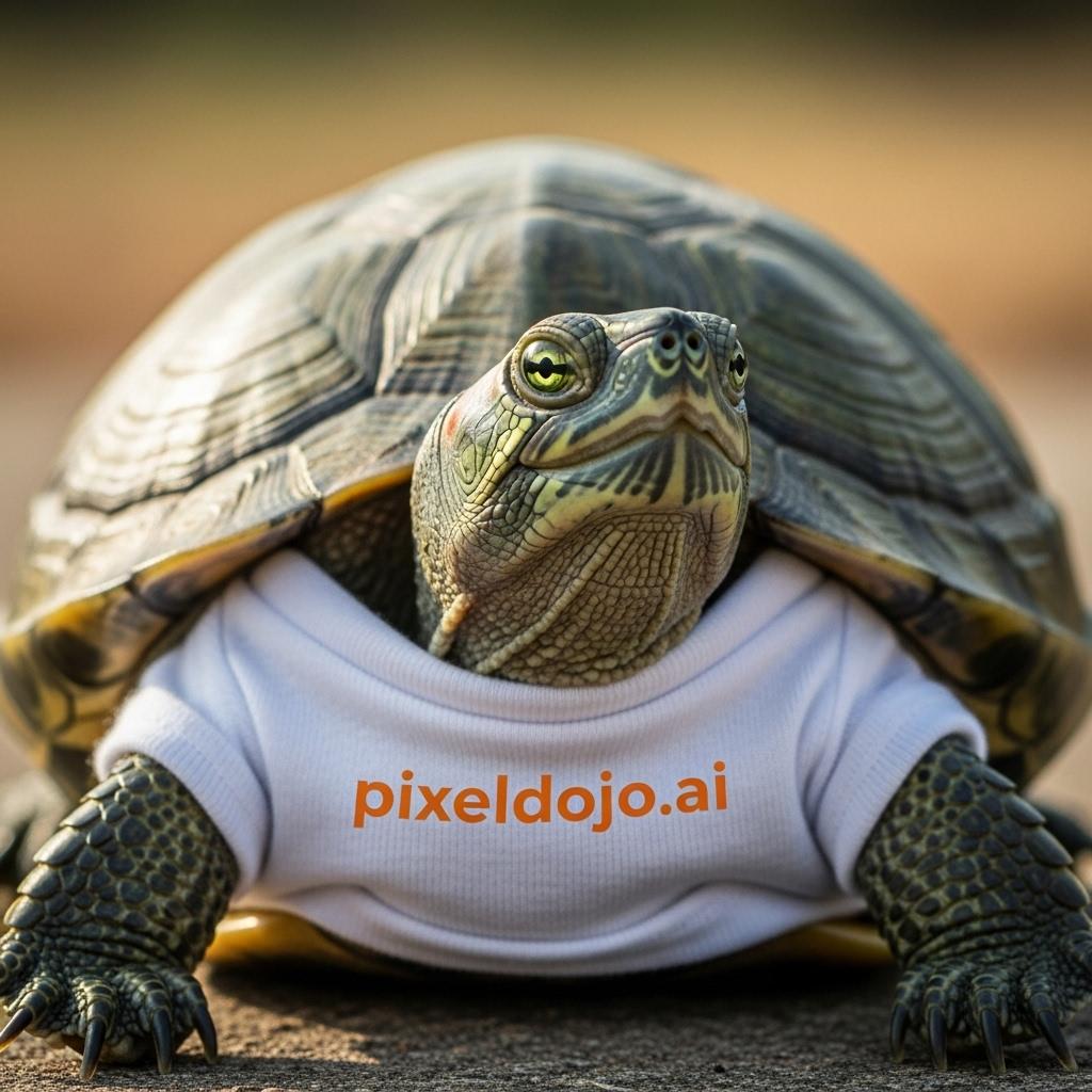 a turtle that is wearing a shirt that says pixeldojo.ai