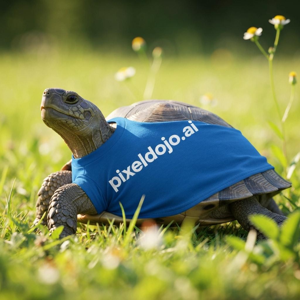 a turtle that is wearing a shirt that says pixeldojo.ai