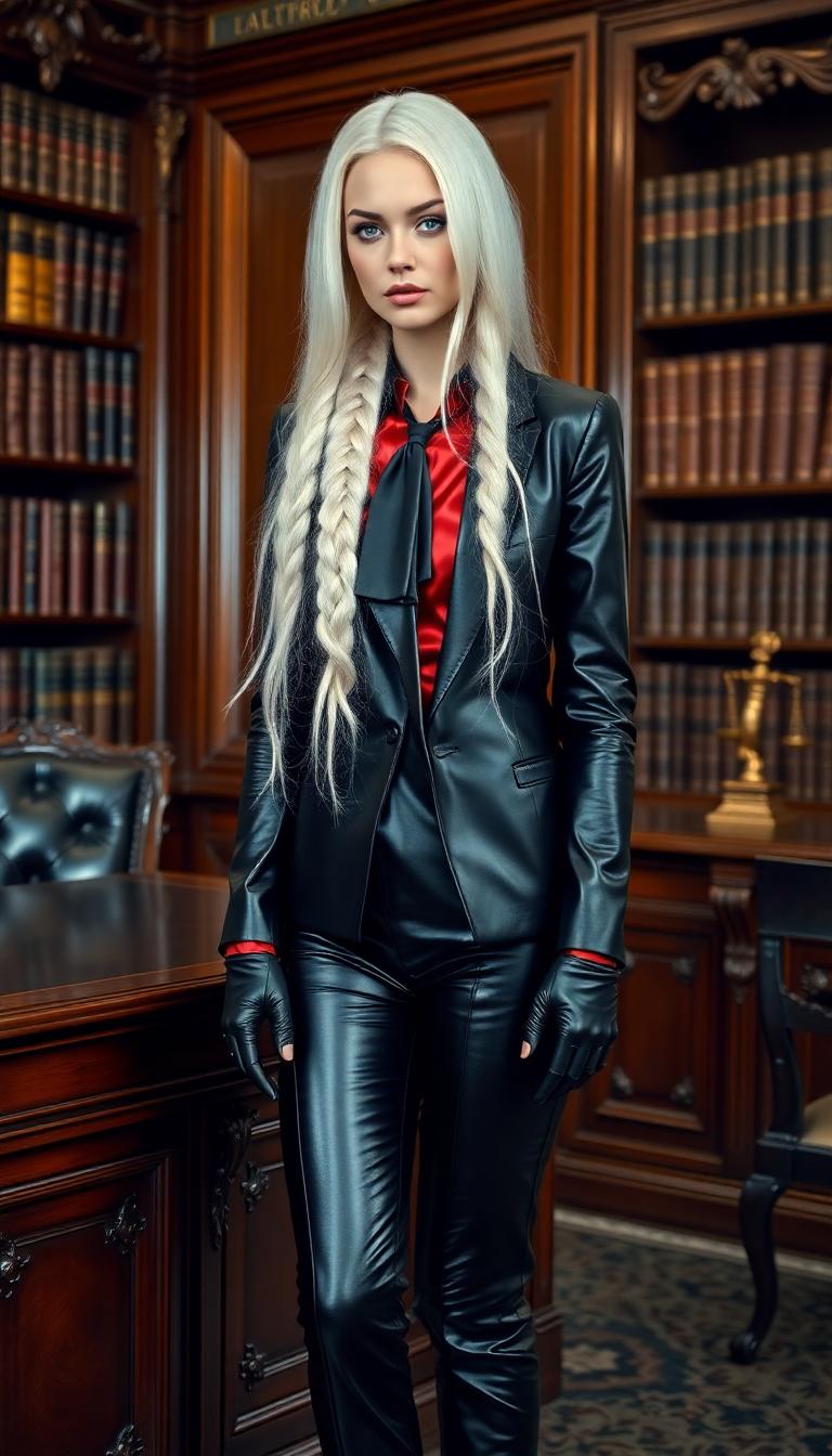 A striking portrait of a tall, 21-year-old Nordic woman with long, flowing white hair cascading over her shoulders in a long heavy braided plait. her piercing bright blue eyes commanding attention. She wears a form-fitting, shiny black leather suit that gleams under the soft ambient light, paired with a vibrant red shiny silk blouse peeking out from beneath the tailored jacket. A black silk cravat is elegantly tied around her neck, adding a touch of sophisticated flair. Her long, slim fingers are encased in tight, shiny black latex gloves, reflecting subtle highlights. She stands confidently beside an ornate, dark mahogany desk in an old, elegant legal office, surrounded by towering bookshelves filled with leather-bound tomes, intricate wood carvings, and antique brass accents. Her towering 6-inch heels enhance her imposing presence. The composition focuses on her poised stance, captured from a slight low angle to emphasize her height and authority, with the desk and office details framing her in a balanced, symmetrical layout. The mood is refined and powerful, with warm, golden-hour light streaming through a large arched window, casting soft shadows and creating a rich, nostalgic atmosphere. The style is reminiscent of a cinematic editorial portrait, with hyper-realistic textures, dramatic contrast, and meticulous attention to the reflective sheen of leather, latex, and silk.