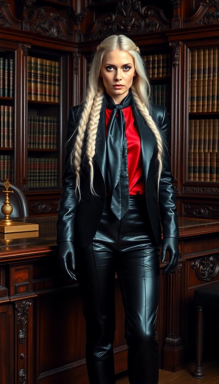 A striking portrait of a tall, mid 20s, old Nordic woman with long, flowing white hair cascading over her shoulders in a long heavy braided plait. her piercing bright blue eyes commanding attention. She wears a form-fitting, shiny black leather suit that gleams under the soft ambient light, paired with a vibrant red shiny silk blouse peeking out from beneath the tailored jacket. A black silk cravat is elegantly tied around her neck, adding a touch of sophisticated flair. Her long, slim fingers are encased in tight, shiny black latex gloves, reflecting subtle highlights. She stands confidently beside an ornate, dark mahogany desk in an old, elegant legal office, surrounded by towering bookshelves filled with leather-bound tomes, intricate wood carvings, and antique brass accents. Her towering 6-inch heels enhance her imposing presence. The composition focuses on her poised stance, captured from a slight low angle to emphasize her height and authority, with the desk and office details framing her in a balanced, symmetrical layout. The mood is refined and powerful, with warm, golden-hour light streaming through a large arched window, casting soft shadows and creating a rich, nostalgic atmosphere. The style is reminiscent of a cinematic editorial portrait, with hyper-realistic textures, dramatic contrast, and meticulous attention to the reflective sheen of leather, latex, and silk.