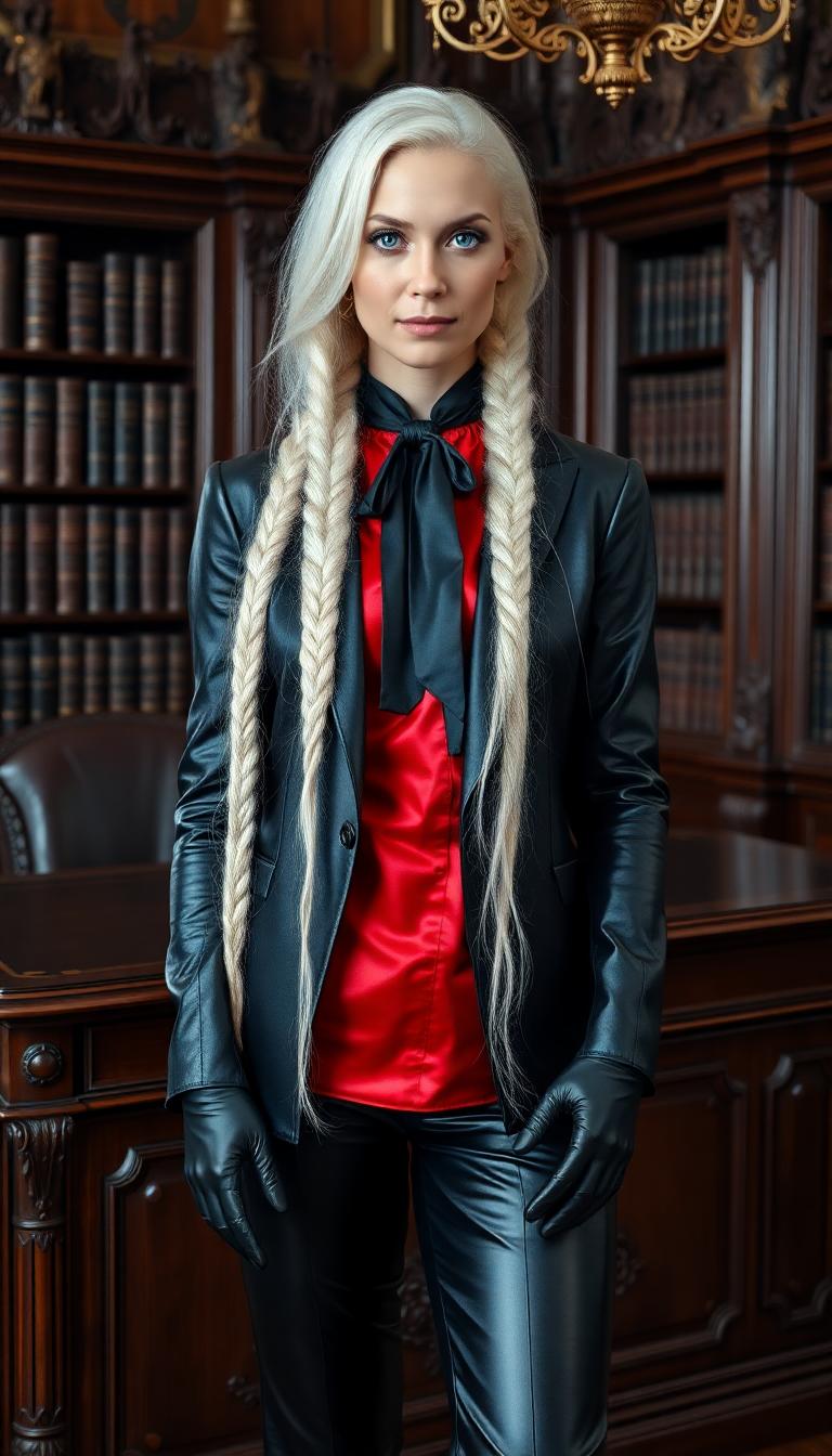 A striking portrait of a tall, mid 20s, old Nordic woman with long, flowing white hair cascading over her shoulders in a long heavy braided plait. her piercing bright blue eyes commanding attention. She wears a form-fitting, shiny black leather suit that gleams under the soft ambient light, paired with a vibrant red shiny silk blouse peeking out from beneath the tailored jacket. A black silk cravat is elegantly tied around her neck, adding a touch of sophisticated flair. Her long, slim fingers are encased in tight, shiny black latex gloves, reflecting subtle highlights. She stands confidently beside an ornate, dark mahogany desk in an old, elegant legal office, surrounded by towering bookshelves filled with leather-bound tomes, intricate wood carvings, and antique brass accents. Her towering 6-inch heels enhance her imposing presence. The composition focuses on her poised stance, captured from a slight low angle to emphasize her height and authority, with the desk and office details framing her in a balanced, symmetrical layout. The mood is refined and powerful, with warm, golden-hour light streaming through a large arched window, casting soft shadows and creating a rich, nostalgic atmosphere. The style is reminiscent of a cinematic editorial portrait, with hyper-realistic textures, dramatic contrast, and meticulous attention to the reflective sheen of leather, latex, and silk.