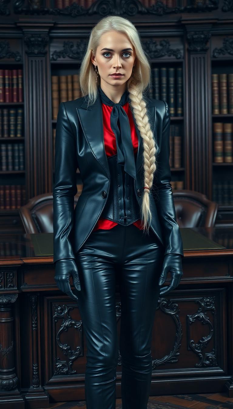 A captivating portrait of a striking mid-20s Nordic woman, standing tall with an air of authority, her long, flowing white hair cascading over her shoulders in a heavy, intricately braided plait that reaches her waist. Her piercing bright blue eyes demand attention, framed by sharp, defined features that exude strength and elegance. She is dressed in a form-fitting, shiny black leather suit that gleams with a polished sheen under soft ambient light, paired with a vibrant red silk blouse, its glossy texture peeking out from beneath a tightly strapped black leather corset and a tailored jacket. A black silk cravat is meticulously tied around her neck, adding a sophisticated, vintage touch to her ensemble. Her long, slim fingers are encased in tight, shiny black latex gloves, catching subtle highlights and reflections with every movement. She stands confidently beside an ornate, dark mahogany desk in a grand, old legal office, the space filled with towering bookshelves of weathered leather-bound tomes, intricate wood carvings, and antique brass accents that speak of timeless prestige. Her imposing presence is heightened by 6-inch black leather heels, their glossy finish mirroring the surrounding elegance. The composition is carefully crafted, captured from a slight low angle to emphasize her towering height and commanding aura, with the desk and office details framing her in a balanced, symmetrical layout that draws the eye to her as the focal point. The mood is refined yet powerful, bathed in warm, golden-hour light streaming through a large arched window, casting soft, dappled shadows across the scene and creating a rich, nostalgic atmosphere with a cinematic depth. The style is inspired by editorial portrait photography, rendered with hyper-realistic textures, dramatic contrast between light and shadow, and meticulous attention to the reflective sheen of leather, latex, and silk, evoking the polished look of a high-end fashion magazine cover.