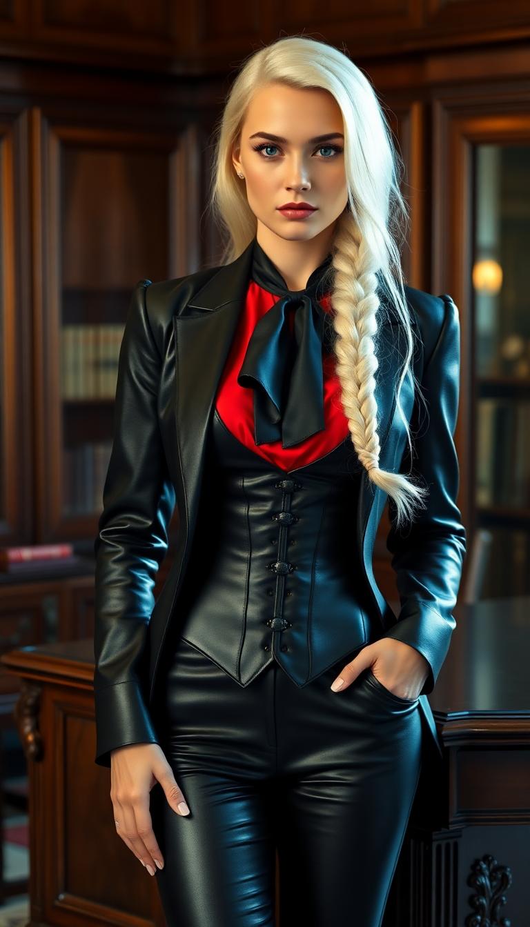A captivating portrait of a mid-20s Nordic woman radiating authority and timeless elegance, standing with an imposing, statuesque presence beside an ornate, dark mahogany desk in a grand, old-world legal office. Her long, flowing stark white hair, styled in a single heavy, intricately braided plait reaching her waist, cascades over her shoulders with a soft, silky sheen, catching the warm light in delicate highlights. Her piercing bright blue eyes demand attention, set within sharp, sculpted facial features that balance raw strength with refined sophistication. She is dressed in a form-fitting, glossy black leather suit, its polished surface reflecting subtle gleams under the ambient glow, paired with a vibrant red silk blouse peeking from beneath a tightly strapped black leather corset and a tailored jacket. A black silk cravat, meticulously tied around her neck, adds a vintage, aristocratic flair, while her long, slender fingers are encased in tight, shiny black latex gloves, capturing light with every subtle movement. Her towering 6-inch black leather heels, with their mirror-like finish, enhance her commanding stature and echo the surrounding opulence.

The office exudes timeless prestige, with towering bookshelves lined with weathered leather-bound tomes, intricate wood carvings, and antique brass accents adorning the space. The composition is framed from a slight low angle, emphasizing her dominant height and powerful aura, with the desk and office elements arranged in a balanced, symmetrical layout that guides the eye to her as the undeniable focal point. Warm, golden-hour light pours through a large arched window, casting soft, dappled shadows across the scene, enveloping the room in a rich, nostalgic glow with cinematic depth and warmth. The mood is one of refined power, blending unyielding authority with classic sophistication, evoking a sense of quiet intensity and historical gravitas.

Rendered in the style of high-end editorial portrait photography, the image showcases hyper-realistic textures and dramatic contrast between light and shadow, with meticulous attention to the reflective sheen of leather, latex, and silk. The polished aesthetic mirrors the look of a luxury fashion magazine cover, with razor-sharp focus on intricate details such as the complex braiding of her hair, the subtle creases and highlights of her leather suit, and the interplay of light on every reflective surface. The result is a visually striking and cohesive masterpiece, rich in detail and depth, with a perfect balance of elegance and strength.