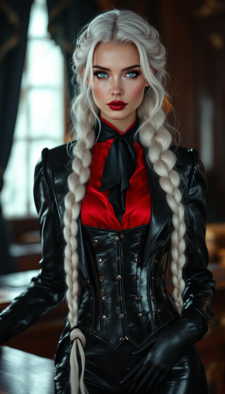 A captivating portrait of a mid-20s Nordic woman exuding authority and timeless elegance, standing with a commanding, statuesque presence beside an ornate, dark mahogany desk in a grand, old-world legal office. Her long, stark white hair flows in a single heavy, intricately braided plait reaching her waist, cascading over her shoulders with a silky sheen, delicate highlights catching the warm, golden light. Her piercing bright blue eyes dominate the frame, set within sharp, sculpted facial features that blend raw strength with refined sophistication. She wears a form-fitting, glossy black leather suit, its polished surface reflecting subtle gleams, paired with a vibrant red silk blouse peeking from beneath a tightly strapped black leather corset and a tailored jacket. A black silk cravat, meticulously tied at her neck, adds an aristocratic vintage flair, while her slender fingers are encased in tight, shiny black latex gloves, capturing light with every subtle gesture. Towering 6-inch black leather heels with a mirror-like finish amplify her imposing stature, echoing the opulent surroundings.

The office radiates timeless prestige, with towering bookshelves filled with weathered leather-bound tomes, intricate wood carvings, and antique brass accents enriching the space. The composition is captured from a slight low angle, emphasizing her dominant height and powerful aura, with the desk and office elements arranged in a balanced, symmetrical layout that draws the eye to her as the central focal point. Warm, golden-hour light streams through a large arched window, casting soft, dappled shadows across the scene, bathing the room in a rich, nostalgic glow with cinematic depth and warmth. The mood conveys refined power, blending unyielding authority with classic sophistication, evoking quiet intensity and historical gravitas.

Rendered in the style of high-end editorial portrait photography, the image features hyper-realistic textures and dramatic contrast between light and shadow, with meticulous attention to the reflective sheen of leather, latex, and silk. The polished aesthetic mirrors a luxury fashion magazine cover, with razor-sharp focus on intricate details like the complex braiding of her hair, the subtle creases and highlights of her leather suit, and the interplay of light on every reflective surface. The result is a visually striking masterpiece, rich in detail and depth, perfectly balancing elegance and strength, with a cohesive and immersive atmosphere.