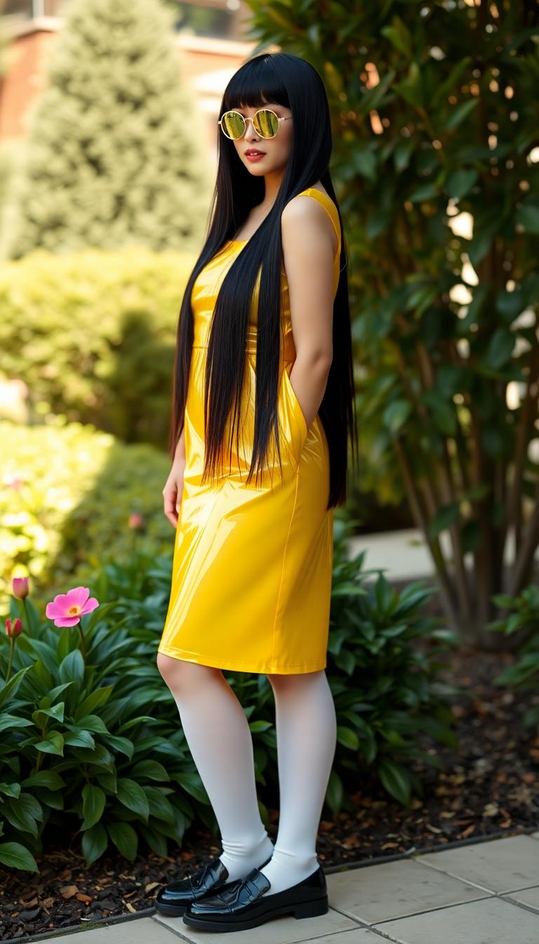 Black hair set in a long straight style, with straight neat bangs. Dressed in a shiny yellow latex sundress. Knee high white socks, with shiny black patent leather mary janes. She wears elegant, round framed mirror shades. Standing in an elegant garden.